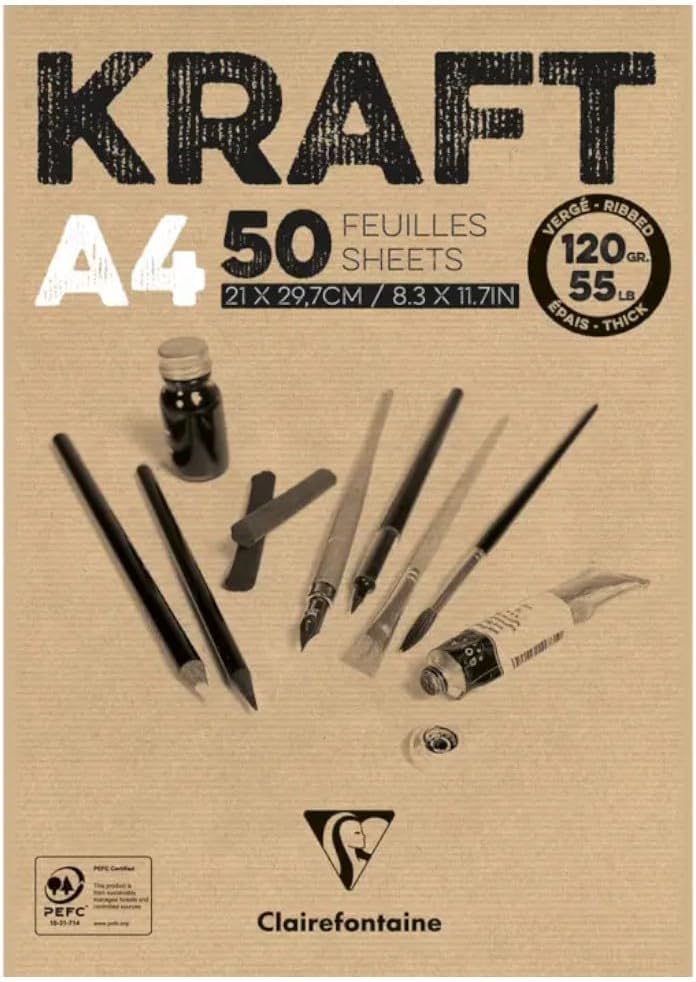 Clairefontaine - Ref 975815C - Kraft Paper Pad (50 Sheets) - A4 (297 x 210mm) Size, 120gsm Paper, Acid Free, pH Neutral - Suitable for Painting & Drawing - Brown