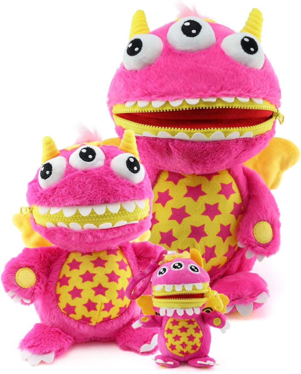 I LOVE FANCY DRESS Worry Yummy Monster Children's Soft Toy - Clip-on, Large & Jumbo Soft Cuddly Toy Set for Kids - Boys & Girls Anxiety, Stress & Fear Reducing Sleep Companion - Pink 'luna'