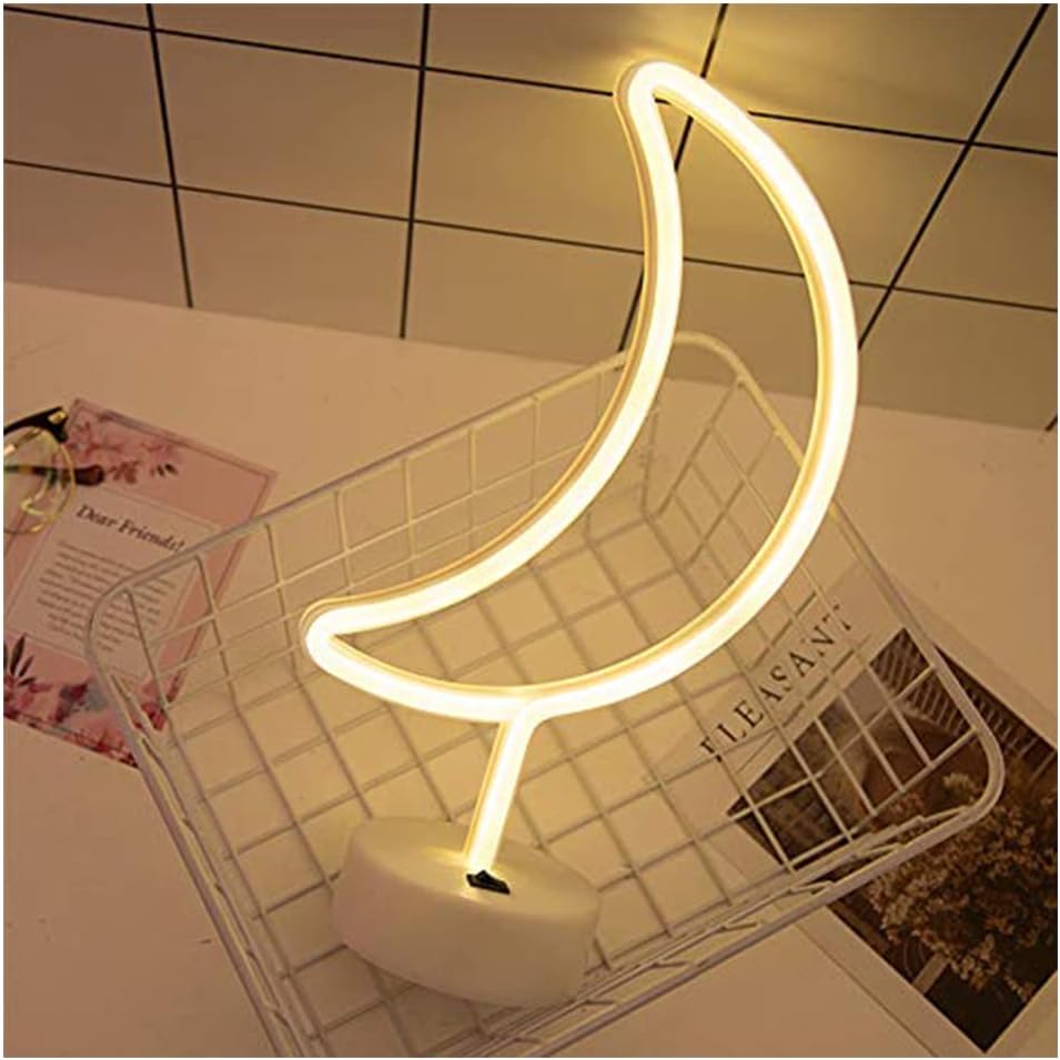 ENUOLI LED Moon Neon Light Signs Room Decor LED Neon Lights with Pedestal Warm White Night Lights Battery/USB Powered Indoor Lighting Bedside and Table Lamps Home Decoration