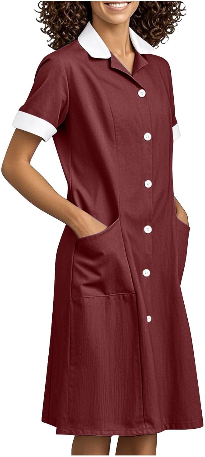 2025 Housekeeping Maid Uniform Dress Womens Button Down Scrub Dresses Workwear Pocket Short Sleeve Loose Dresses