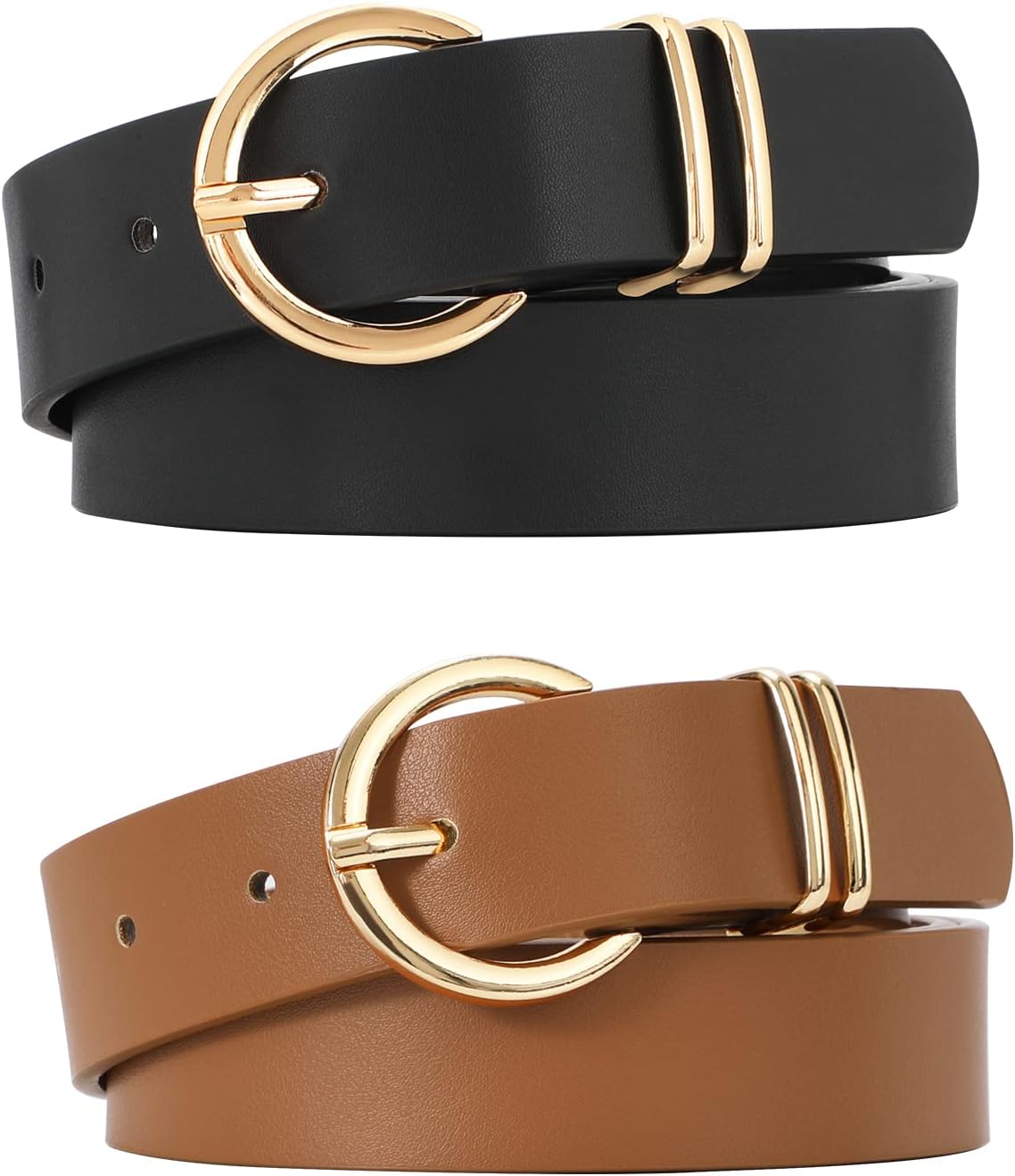VONMELLI 2 Pack Women's Leather Belts for Jeans Dresses Fashion Gold Buckle Ladies Belt