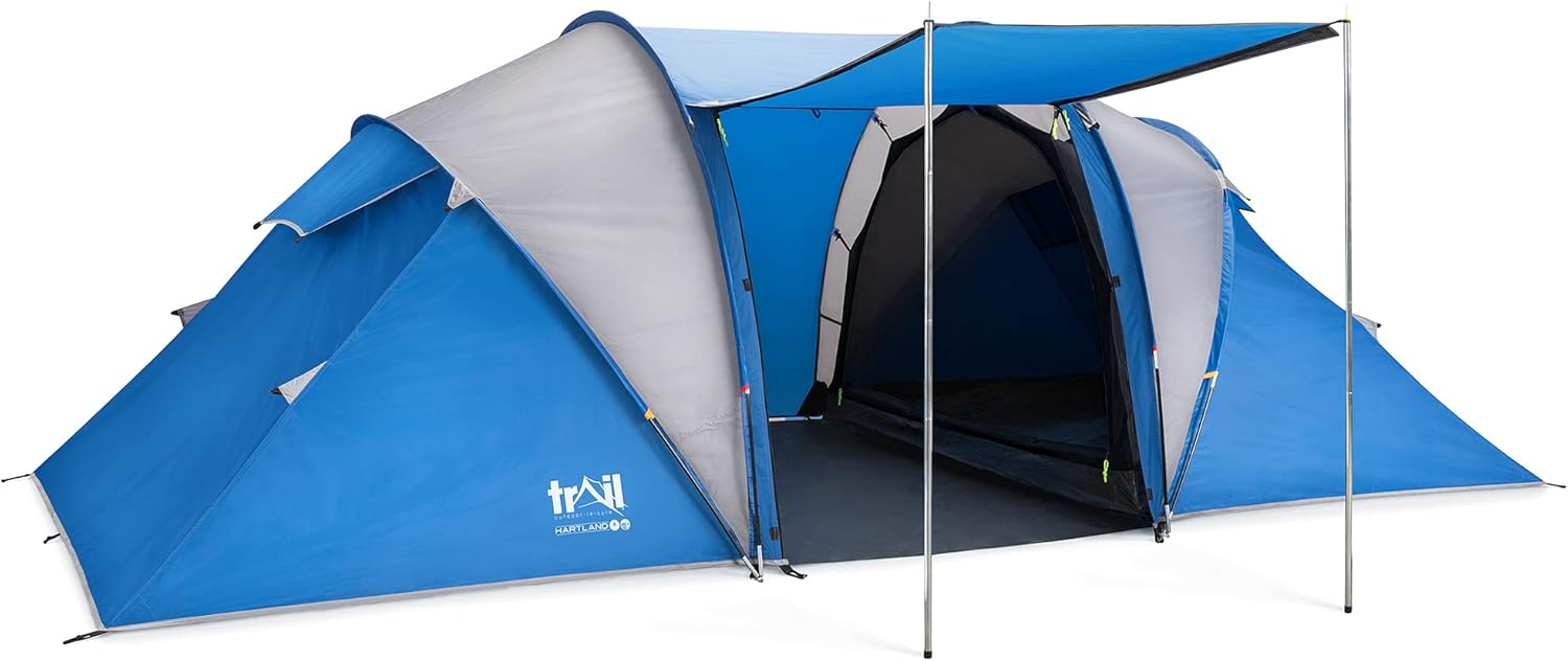 Trail Hartland 4 Man 2 Room Tent With Living Area and Awning, 3000mm Waterproof Rating, Tunnel Tent with Dark Zone Bedroom Technology, Family Camping, Bag Included (420cm x 210cm x 140/115cm)