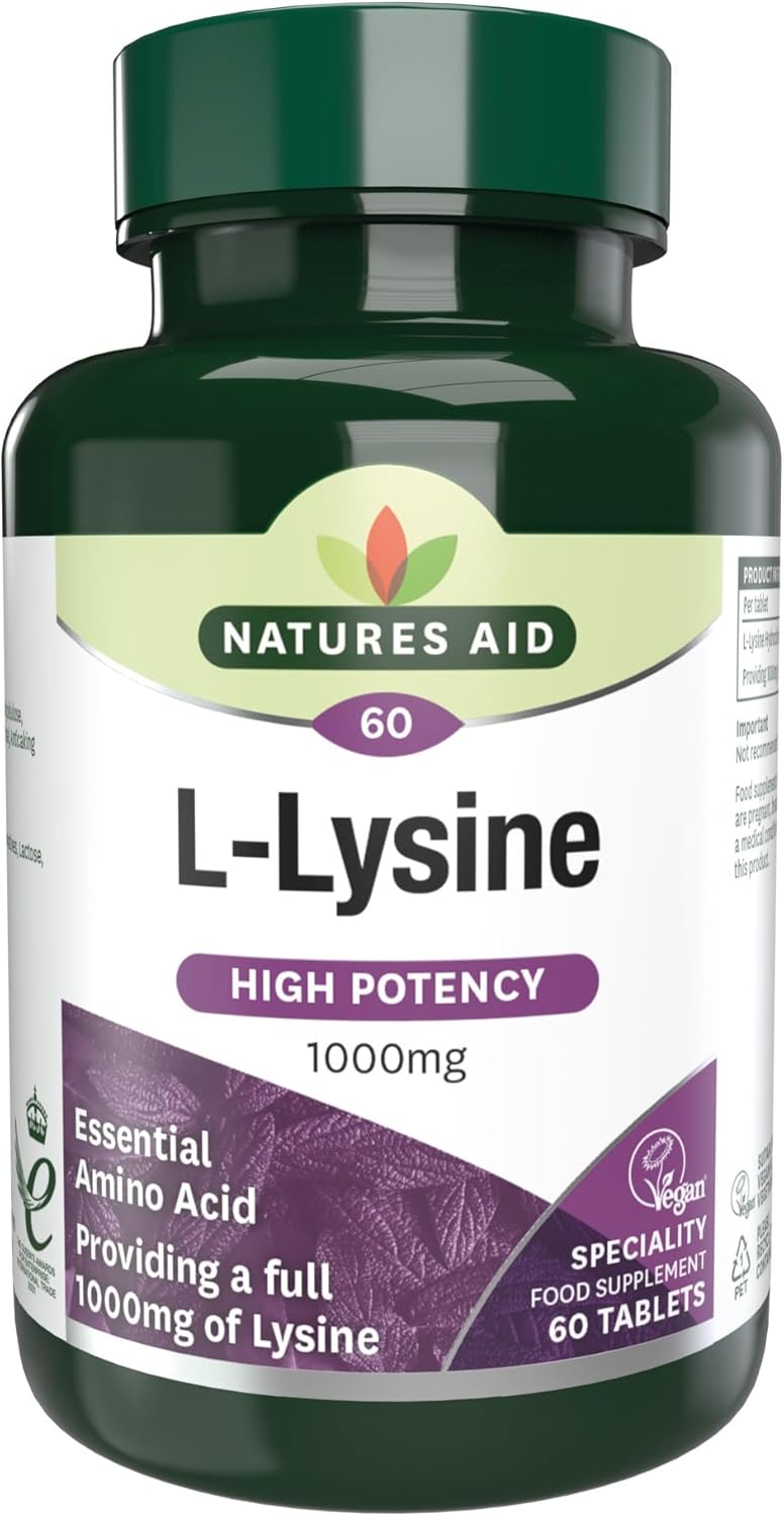 Natures Aid L-Lysine 1000mg – High Strength Essential Amino Acid – Supports Immune System, Muscle Recovery, Collagen, Bone Health & Energy – Vegan, Gluten-Free - 60 Tablets