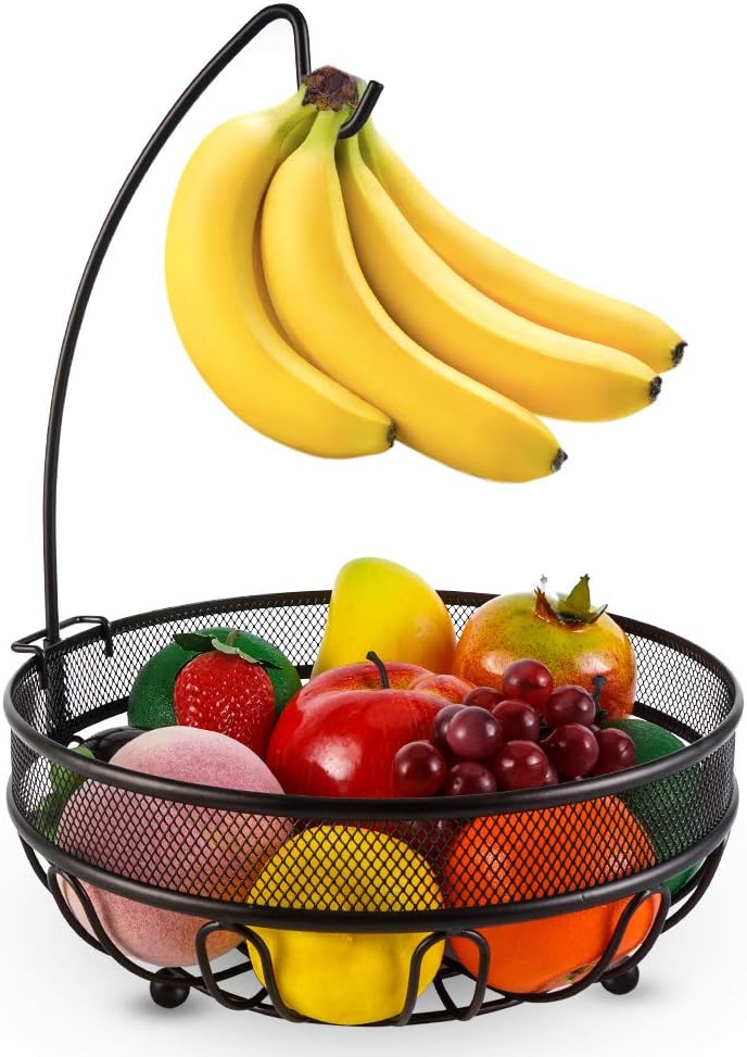 CLTYQ Fruit Basket Wired Fruit Bowl with Banana Hanger Hook, Vegetables Storage Rack Bread Snacks Stand