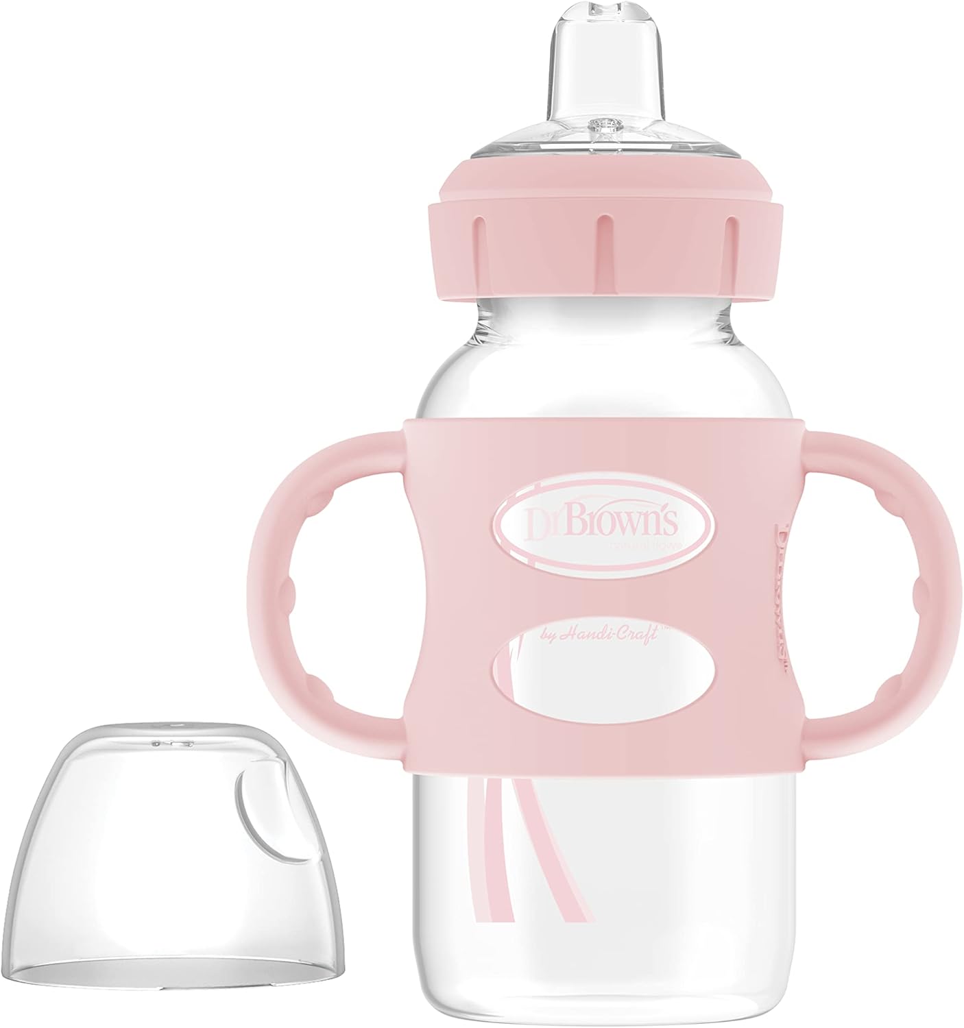 Dr. Brown's Milestones Wide-Neck Sippy Bottle with 100% Silicone Handles, Easy-Grip Bottle with Soft Sippy Spout, 9oz/270mL, 6m+, Light Pink, 1-Pack, BPA Free