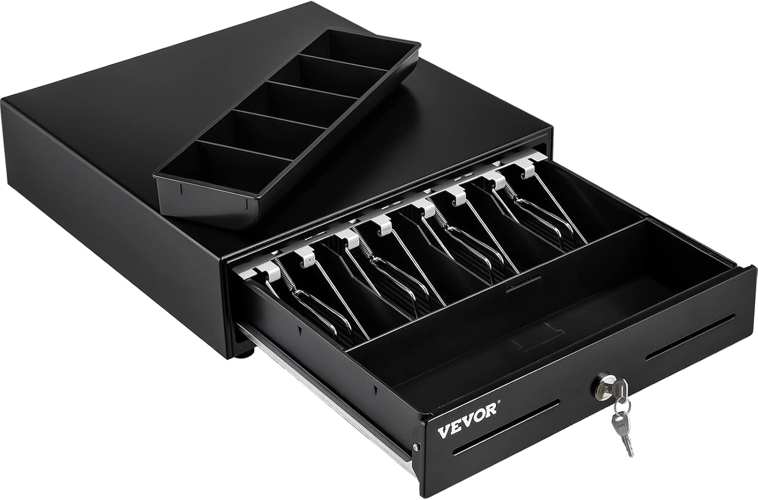 VEVOR Cash Register Drawer, 13" 2 Unlocking Ways, Fully Removable Design with 4 Bill 5 Coin Cash Tray, 2 Keys Included, Compact Size Cash Registers for Supermarket, Bar, Black (13 In Cash Drawer)
