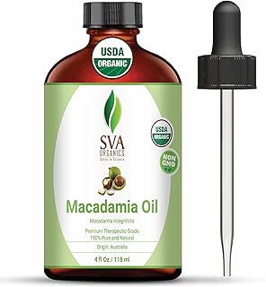 SVA Macadamia Seed Oil Organic - 4 Fl Oz – 100% Natural Cold Pressed Organic Macadamia Oil - for Face, Skin Care, Hair Care, Scalp Massage & Body Massage – Carrier Oil with Dropper