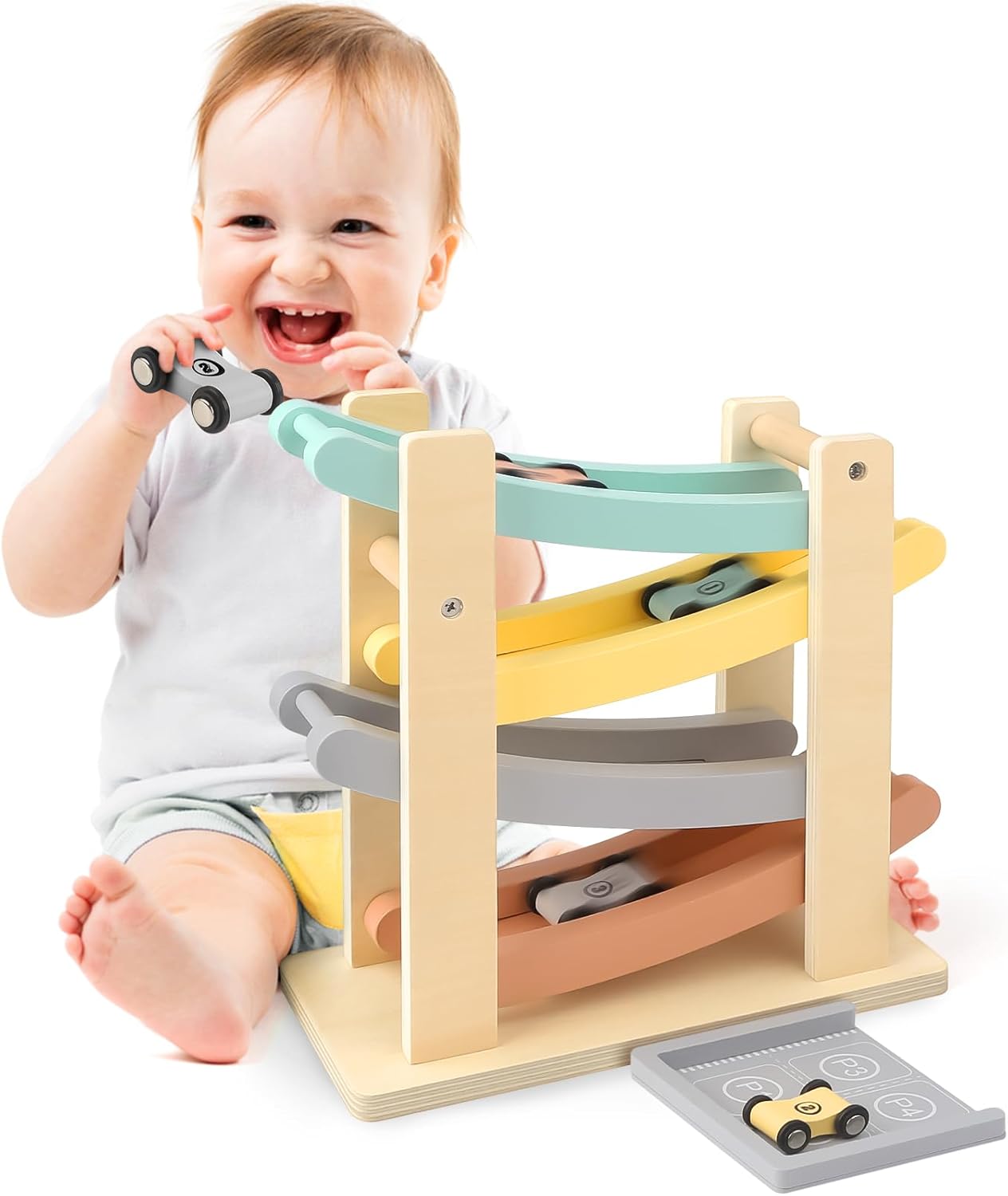 Wooden Car Ramp Toy for 1-2 Year Old Boys & Girls - Click Clack Track with 4 Mini Cars & Toy Garage