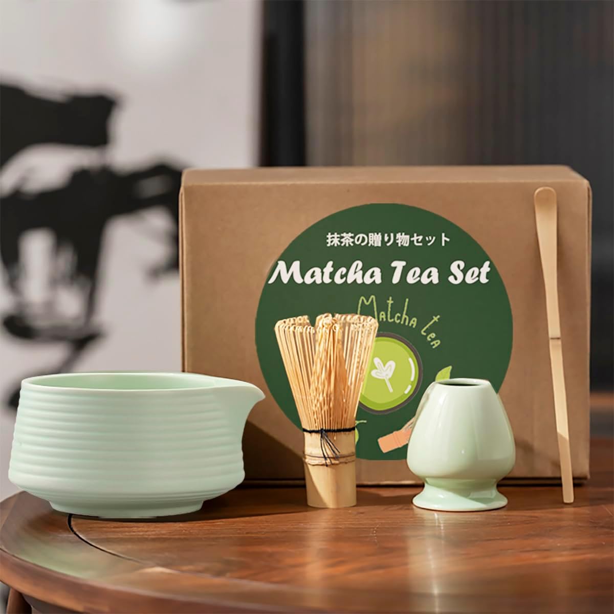Matcha Whisk Set, Japanese Matcha Tea Set with Whisk and Bowl, Bamboo Scoop & Ceramic Holder, Homemade Traditional Matcha Making Kit for Tea Lovers, Meditation & Gifting, Light Green