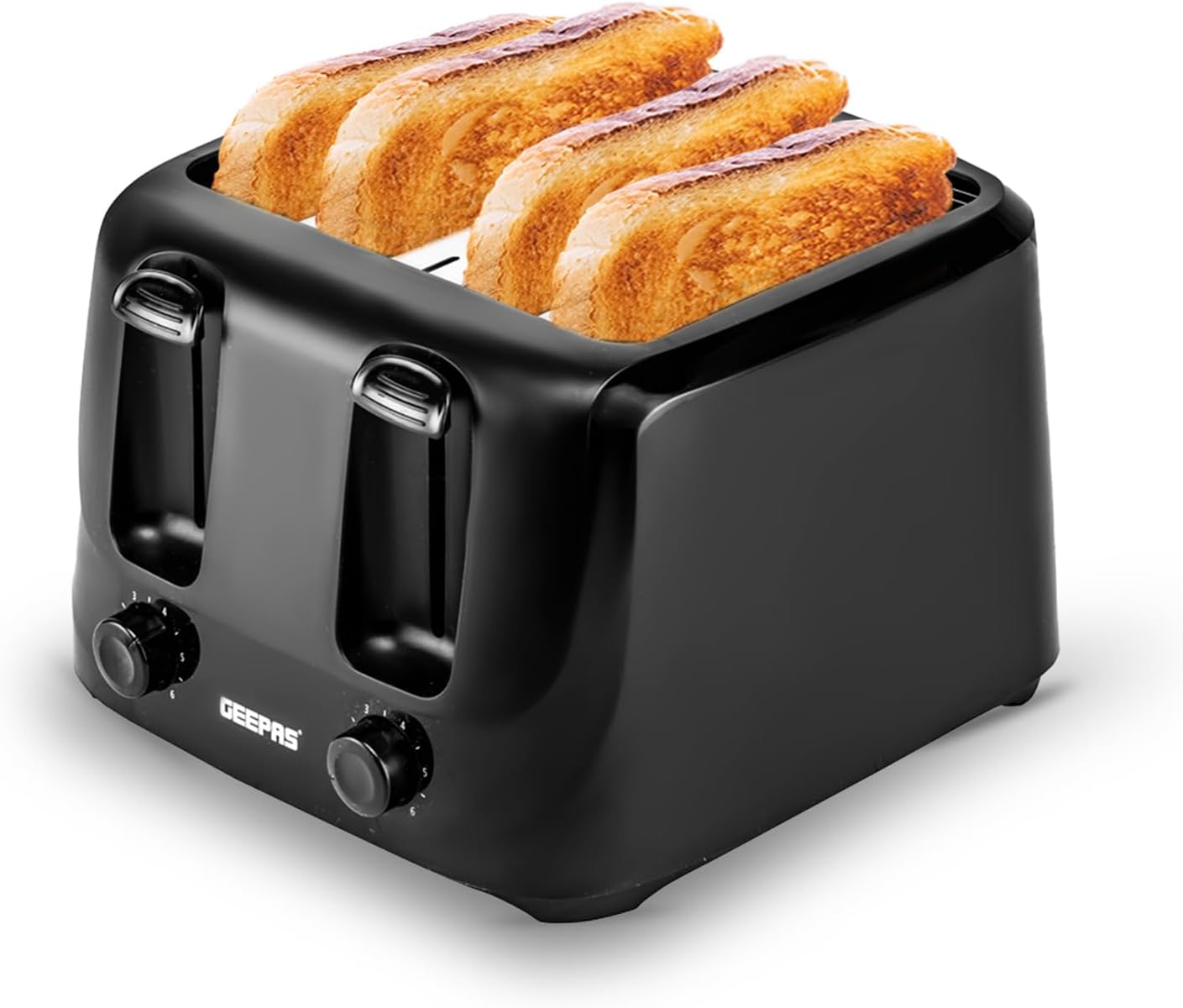 GEEPAS 4 Slice Toaster | 6 Browning Levels with Cancel Function | For Thin Small Bread Slice | 2 Independent Controls 2 Removable Crumb Trays Cool Touch High Lift | 1 Yr Warranty 1400W Black