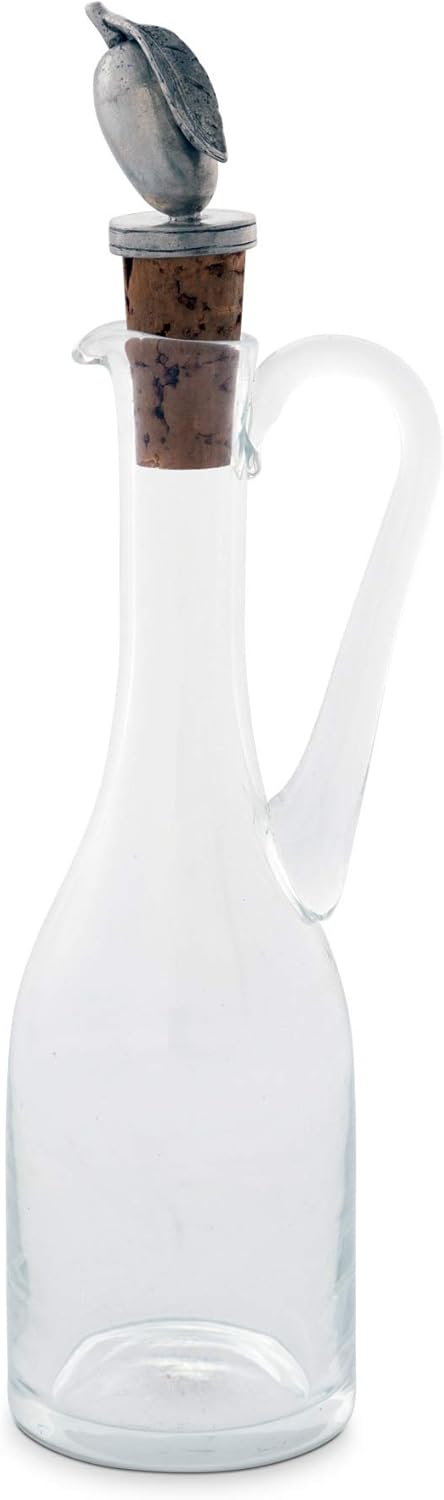 Vagabond House Hand-Blown Cruet Glass Bottle with Cork Stopper and Solid Pewter Olive Handle - Oil and Vinegar Bottle 9 inch Tall 5 oz