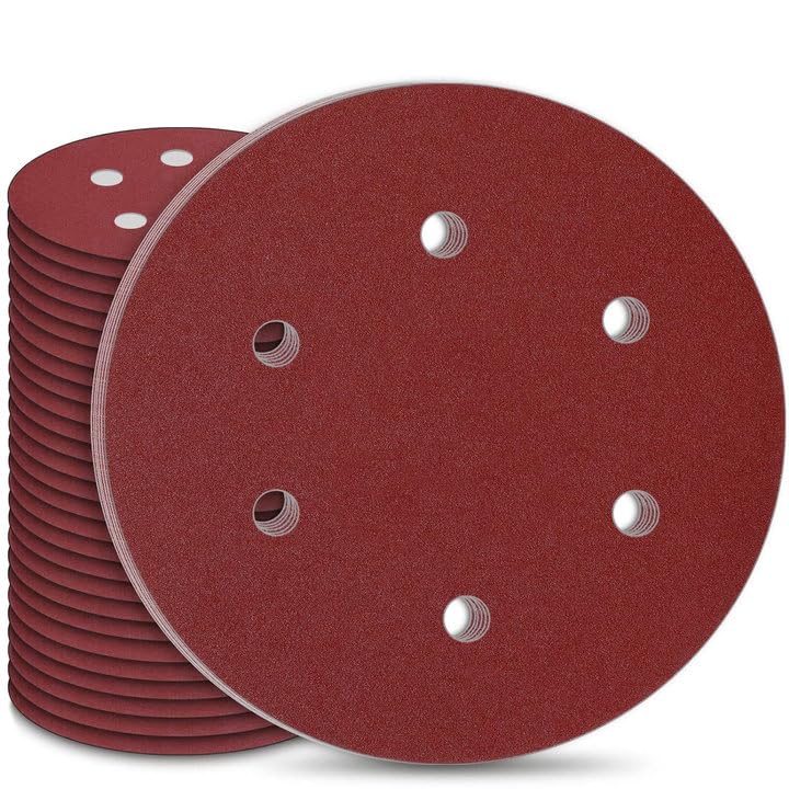 STEBRUAM 30Pcs 225mm Sanding Disc 6 Hole Sand Paper for Sander 225mm Hook and Loop Sanding Pads Grit 5x60/80/120/180/240/400, 9 inch Sanding Discs for Drywall Sander Sanding Pads Orbital Sander Discs