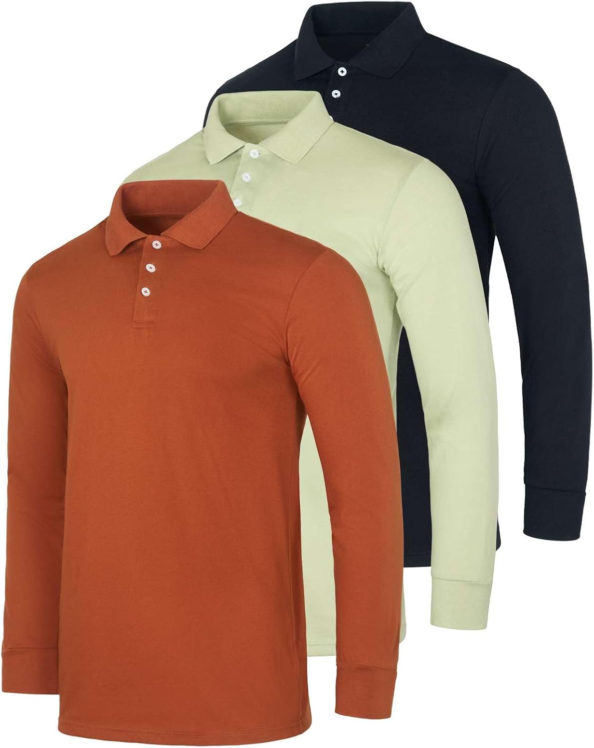 Real Essentials 3 Pack Men's Cotton Jersey Long-Sleeve Polo Shirt - Casual Workwear Office (Available in Big & Tall)