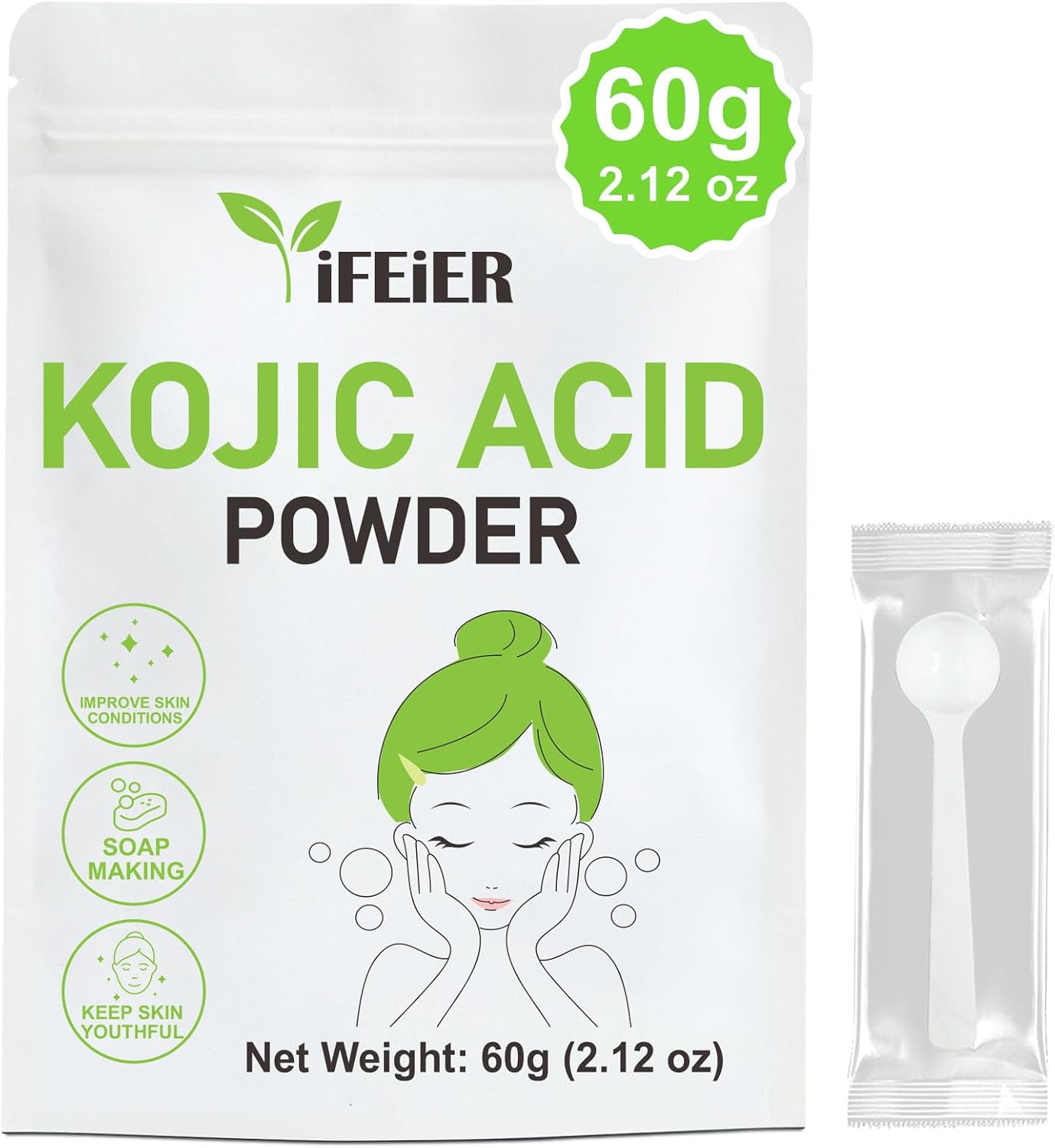 iFEiER Pure Kojic Acid Powder 60g(2.12oz) for Skincare Products and Homemade Cosmetics. Natural and Organic Kojic Acid Powder for DIY lotions | serums | soaps. Soluble in water only; insoluble in oil.