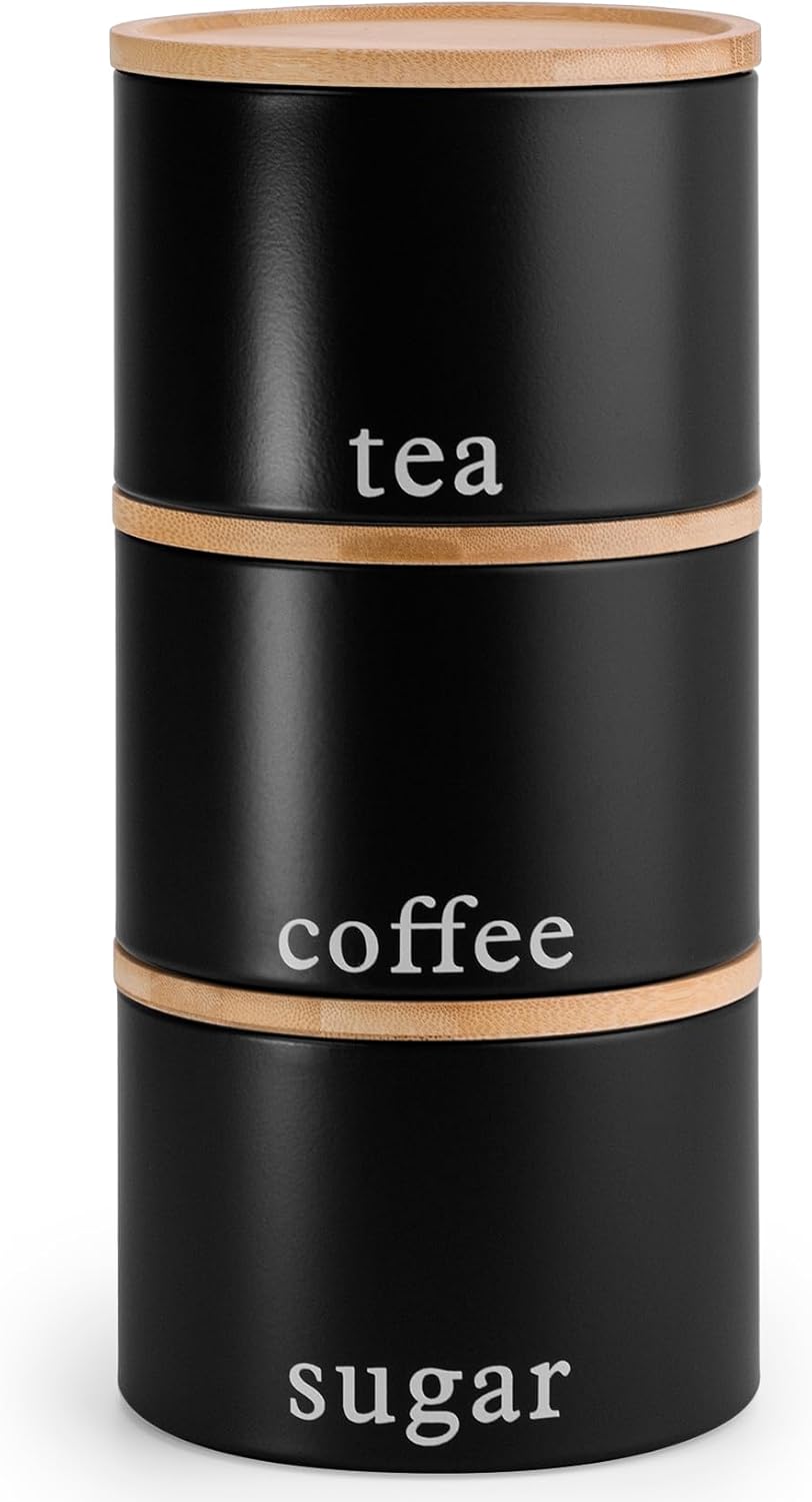 EHC Tea, Coffee, Sugar, Canister Set, Set of 3 Stackable Airtight Food Storage Easy to Open Storage Cansiters Jars Tin, Black