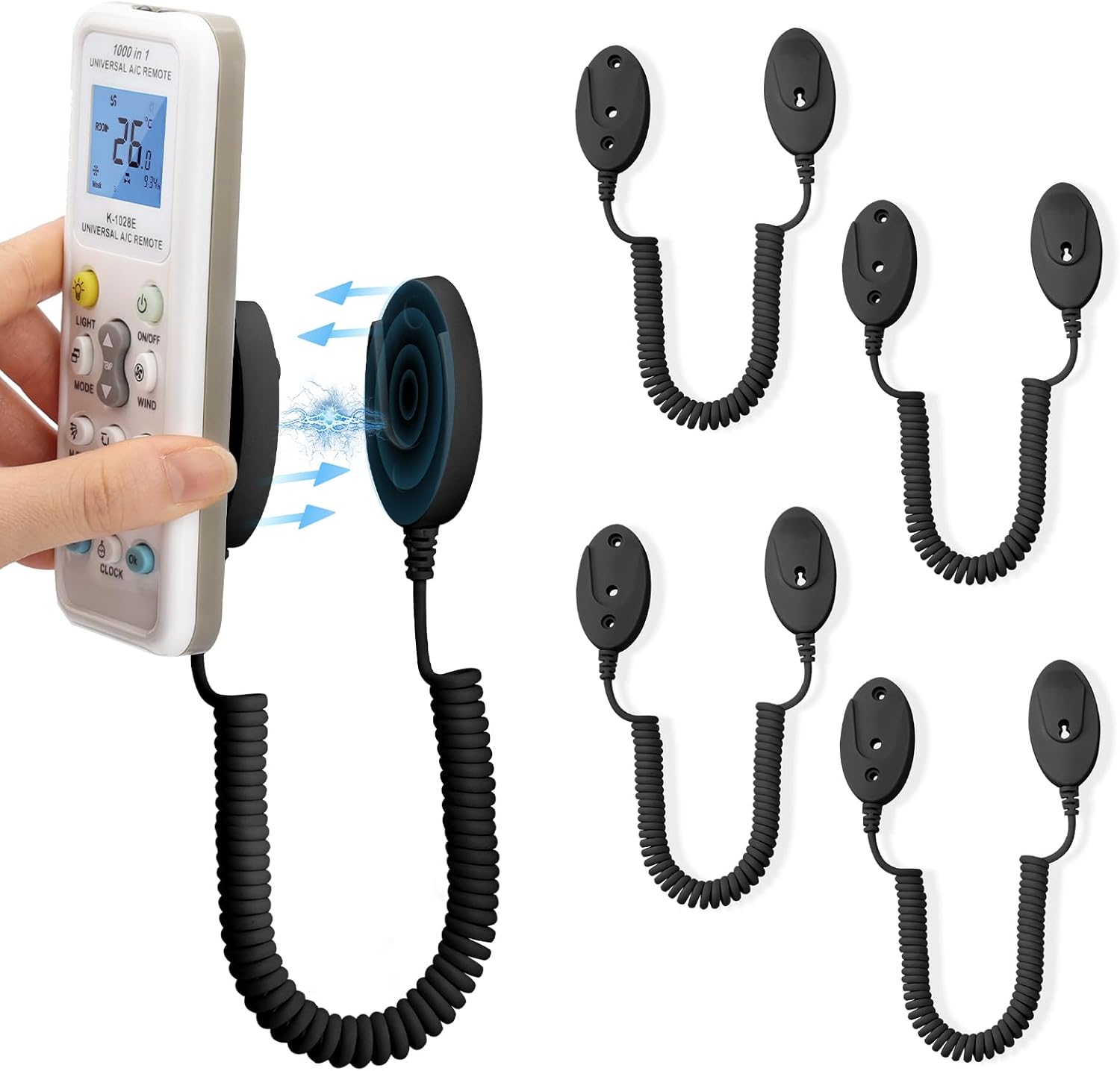 WALLFID 4-Pack Magnetic Remote Control Holders with Spring Ropes - Safely Secure Remotes & Small Items, Wall-Mount with Adhesive, Anti-Loss, Rapid Adsorption, Extendable Spring (Black 70 inch，4 Pack)