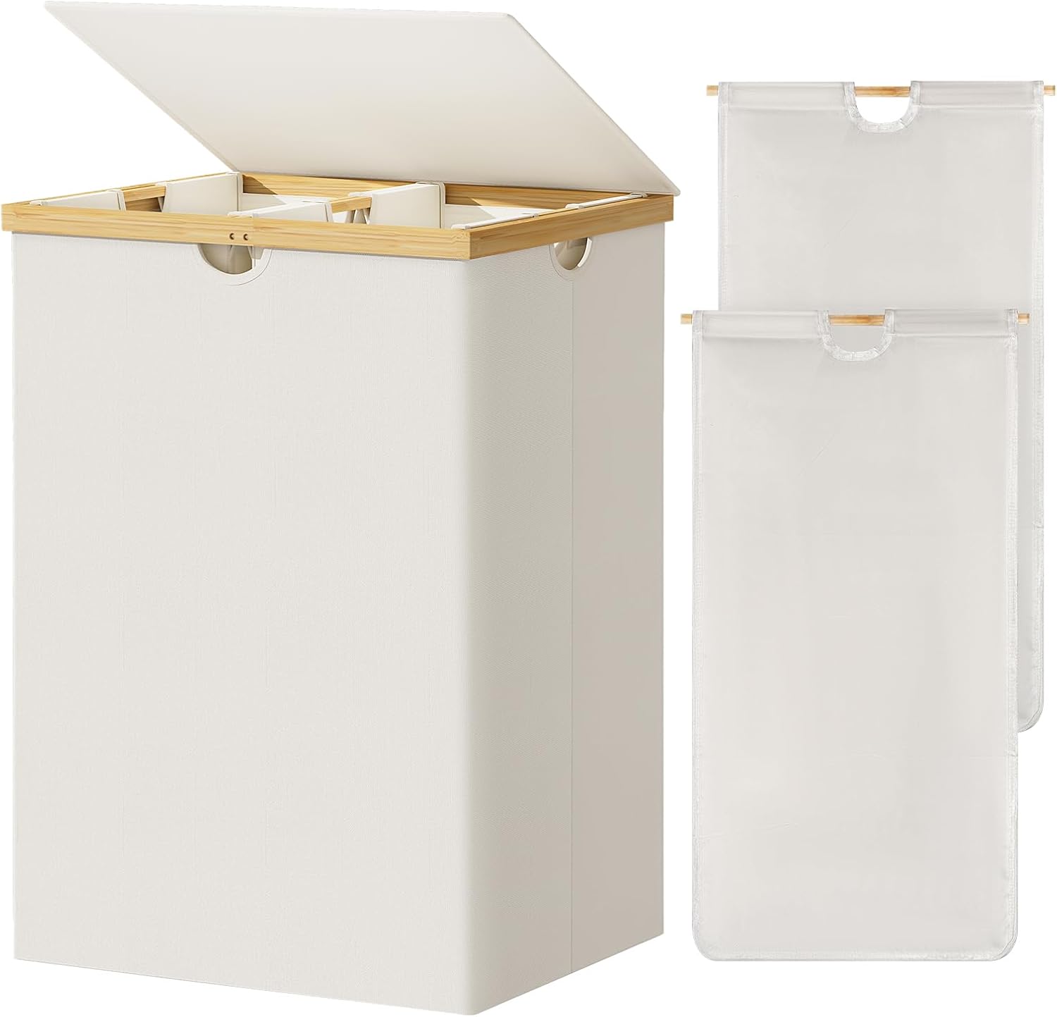 WOWLIVE 165L Double Laundry Hamper with Lid Bamboo Laundry Basket 2 Section,Large Dirty Clothes Hamper with Removable Laundry Bags,Laundry Bin Organizer Storage for Dorm,Bedroom,Bathroom,Beige
