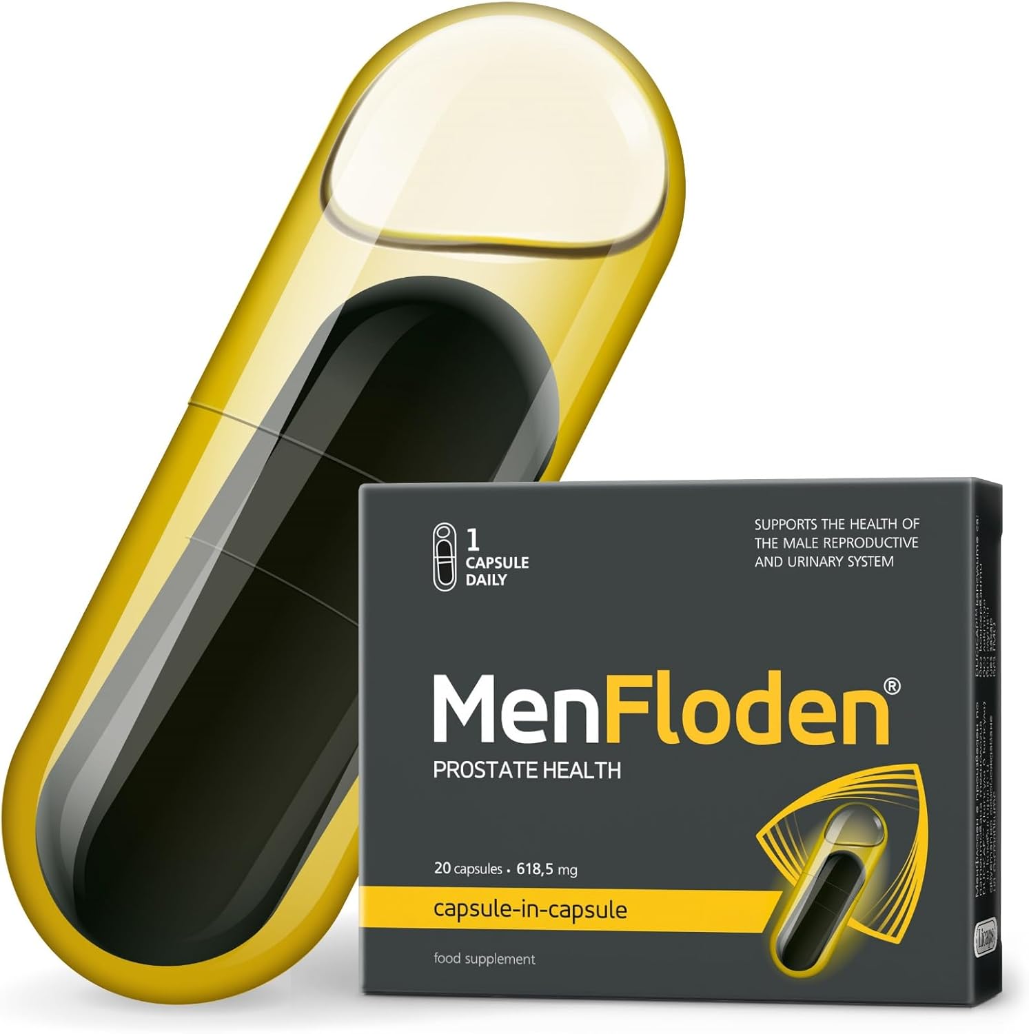 an Innovation for a Healthy Prostate. Powerful Liquid Formula with Triple Action. Cucurbita Pepo, Serenoa repens, Flowens®. 1 Capsule/Day. Laboratory Tested (20 Servings)