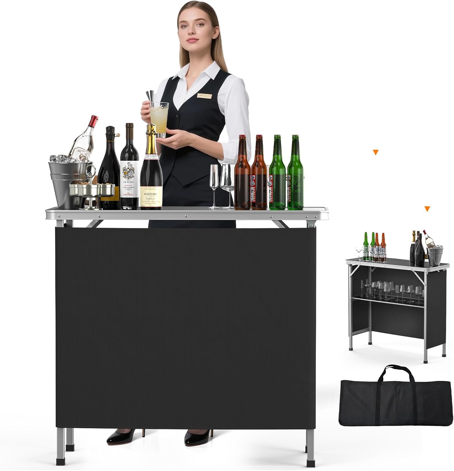 VINGLI Portable Bar Table, 2-Tier Shelves, Mobile Bar Table for Events, Party, Camping, Picnic, Tradeshow, Indoor with Black Skirt, 39 "L x 34" H