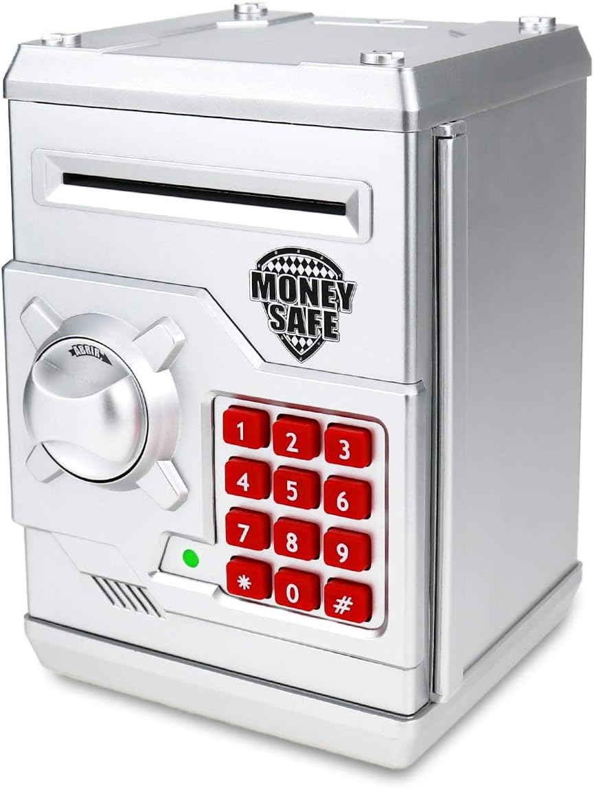 Kids Money Bank, Electronic Piggy Banks, Great Gift Toy for Kids Children, Auto Scroll Paper Money Saving Box Password Coin Bank,Perfect Toy Gifts for Boys Girls (Silver)