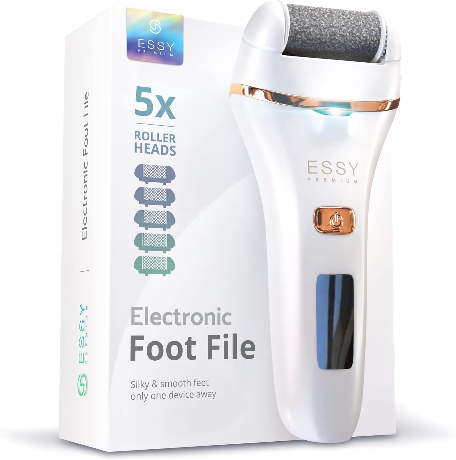 Essy Electric Foot File Hard Skin Remover with 5 Replacement Rollers Foot File Electric Pedicure Sets Cutters Accessories for Dry Dead Hard Skin Feet Callus Remover for Feet Care Exfoliator (White)