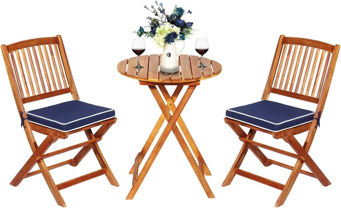ORALNER 3-Piece Acacia Wood Folding Patio Bistro Set, Small Outdoor Balcony Furniture, Round Coffee Table and 2 Chairs with Soft Cushions, Teak Table Set for Porch, Backyard, Deck (Navy Blue)