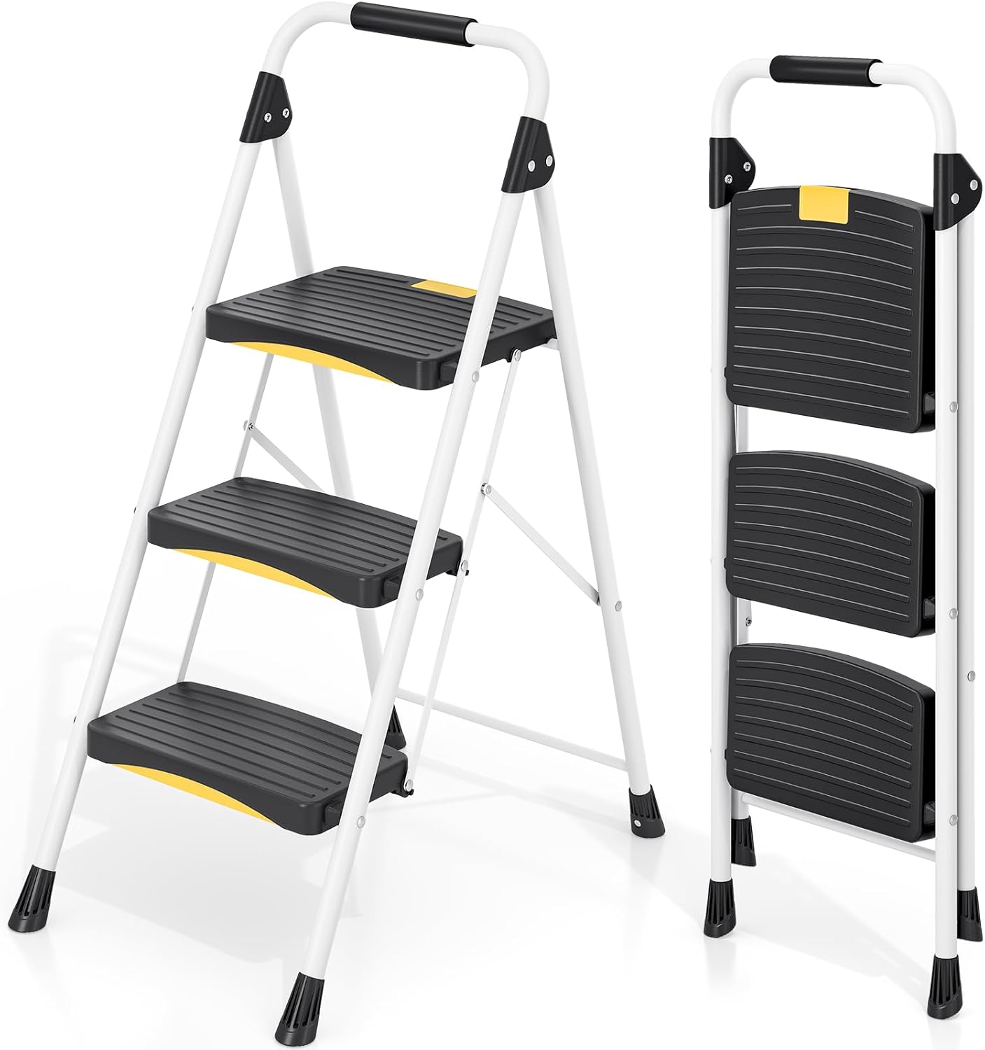 Step Ladder, 3 Steps, Folding Steel Step Stool with Safety Lock & Handrail, Anti-Slip Wide Pedals, 150 kg Load Capacity, Portable Ladder for Kitchen, Office, Home