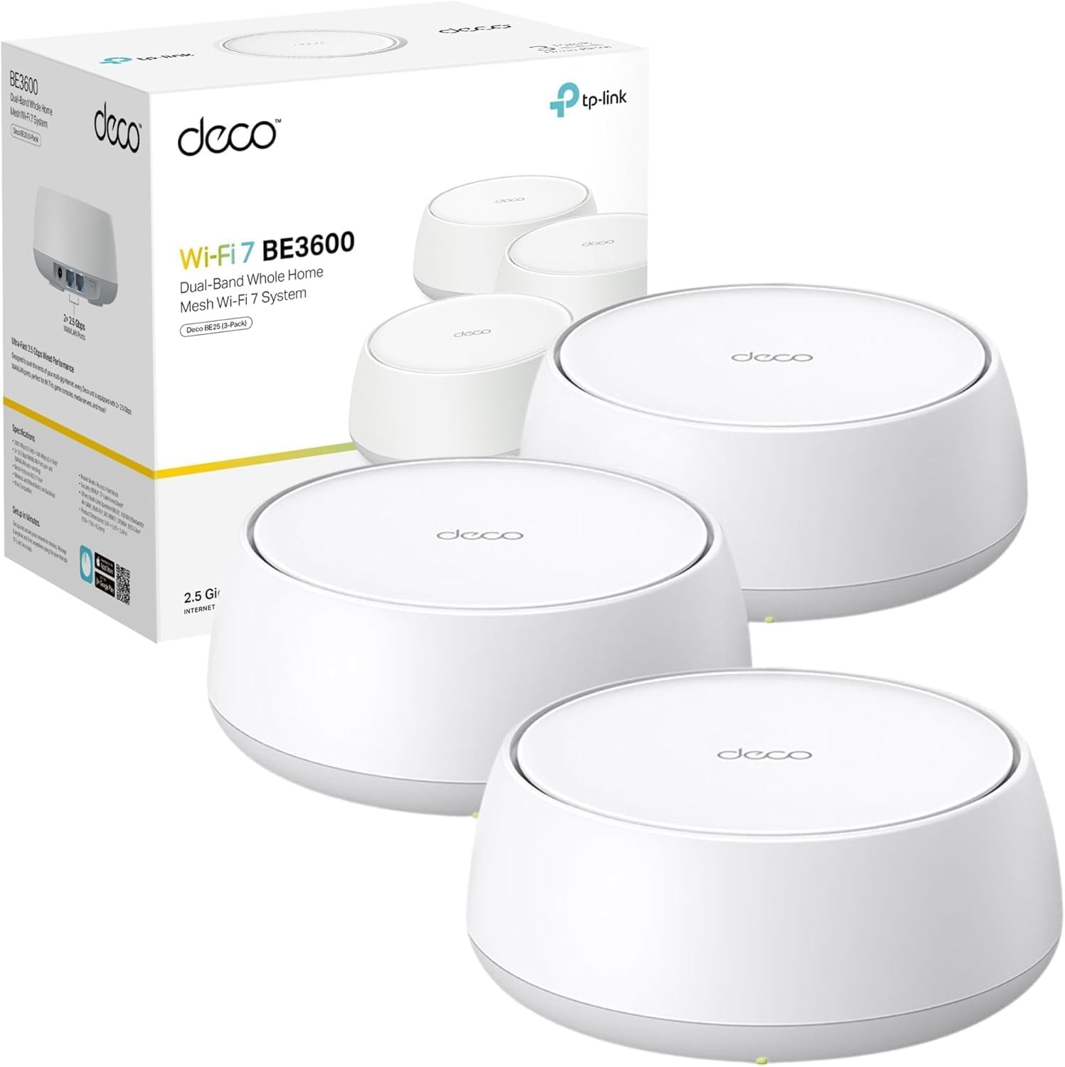 TP-Link Deco BE25(3-pack) Mesh WiFi 7 BE3600Mbps, 2x 2.5G Ports, MLO Mesh System Router, VPN Clients & Server, WiFi Extender Booster, Private IoT Network, Seamless AI Roaming,Easy Setup,Alexa & Google