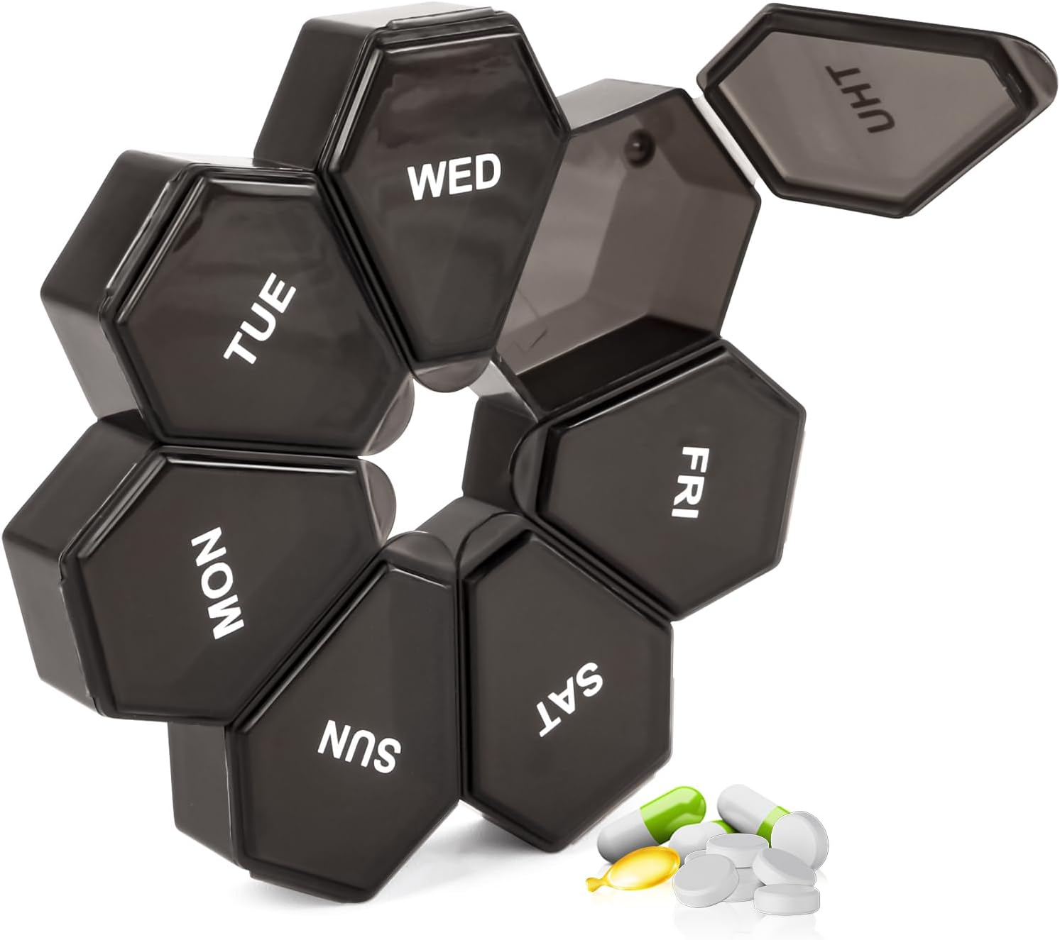 Zuiaso 7-Day Weekly Pill Organizer and Daily Vitamin Case - Pill Box for Medication Management (1Pack Black)