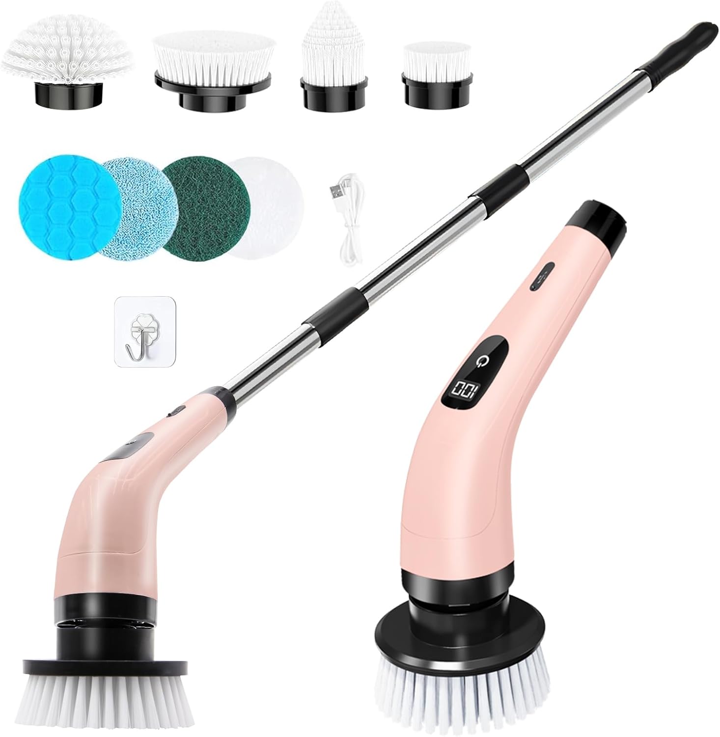 Electric Spin Scrubber, Electric Cleaning Brush with 8 Replaceable Brush Heads, Power Scrubbing Brush with LED Display and Adjustable Extension Handle, Power Scrubber for Bathroom Kitchen Car