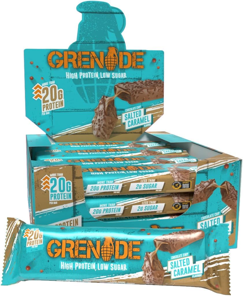 Grenade High Protein, Low Sugar Bar - Chocolate Chip Salted Caramel, 12 x 60 g