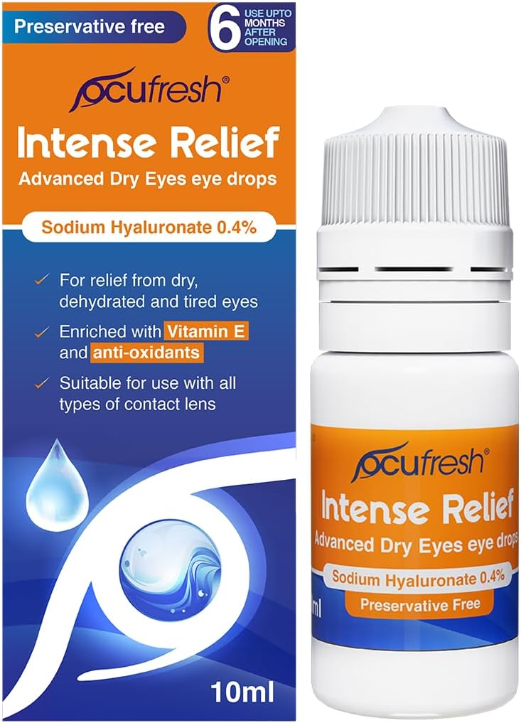 Ocufresh Intense Relief - Eye Drops for Moderate & Severe Dry Eye - Before & After Eye Surgery - 0.4% Sodium Hyaluronate with Vitamin E - Preservative Free & Contact Lens Friendly - 10ml