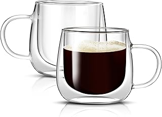 10oz Double Wall Glass Coffee Mugs Set of 2, Large Insulated Espresso Cups, insulated glass coffee cups, glass mugs with handles, borosilicate glass mug for Cappuccino, Americano, Tea