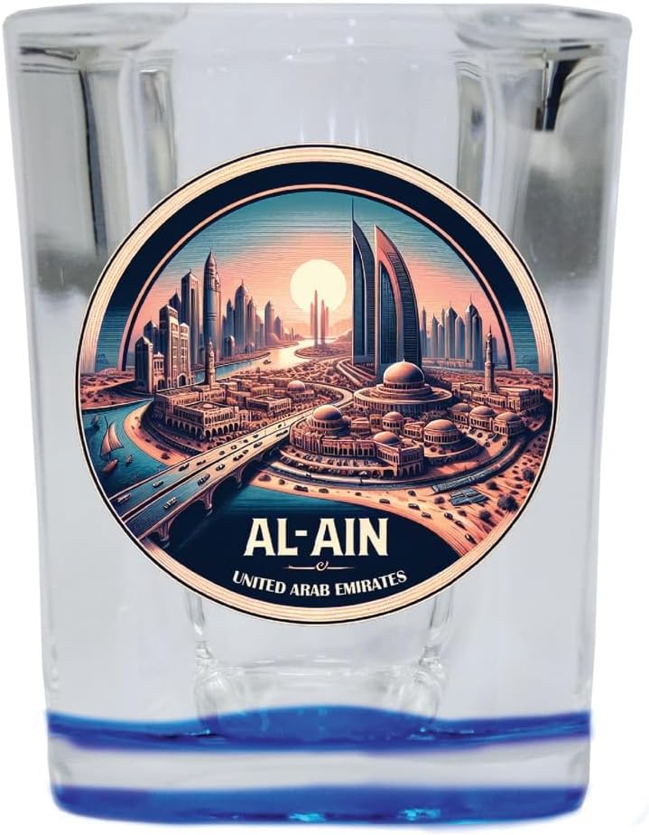 R and R Imports Al Ain United Arab Emirates Mementos Souvenir 2 Ounce Shot Glass Square Blue Base 2-Pack