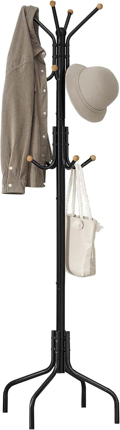 SONGMICS Coat Stand, Metal Coat Rack with 12 Hooks, 4 Legs, Hang Coats, Jackets, Hats, Bags, for Hallway Bedroom Office, Black RCR031B01