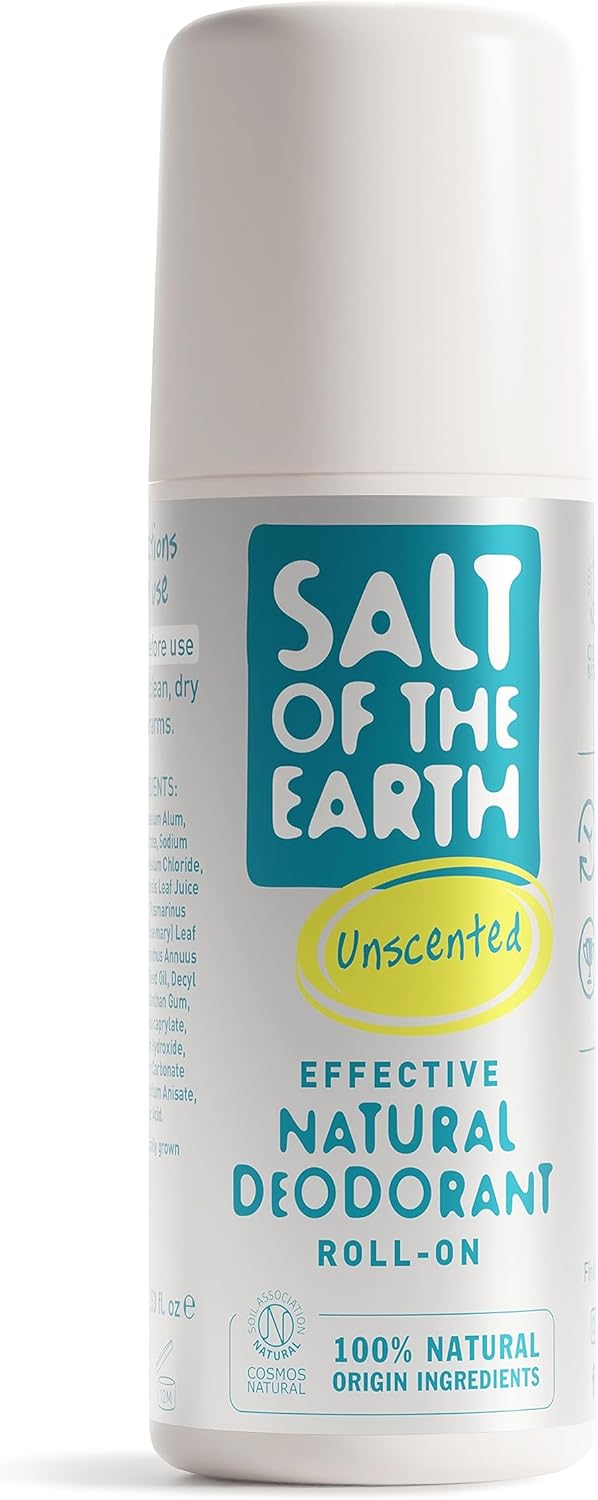 Salt of the Earth - Natural Deodorant Roll On - Effective Protection, 100% Natural Origin Ingredients, Vegan, Fragrance Free, Suitable for Women, Men & Kids - Unscented - 75ml