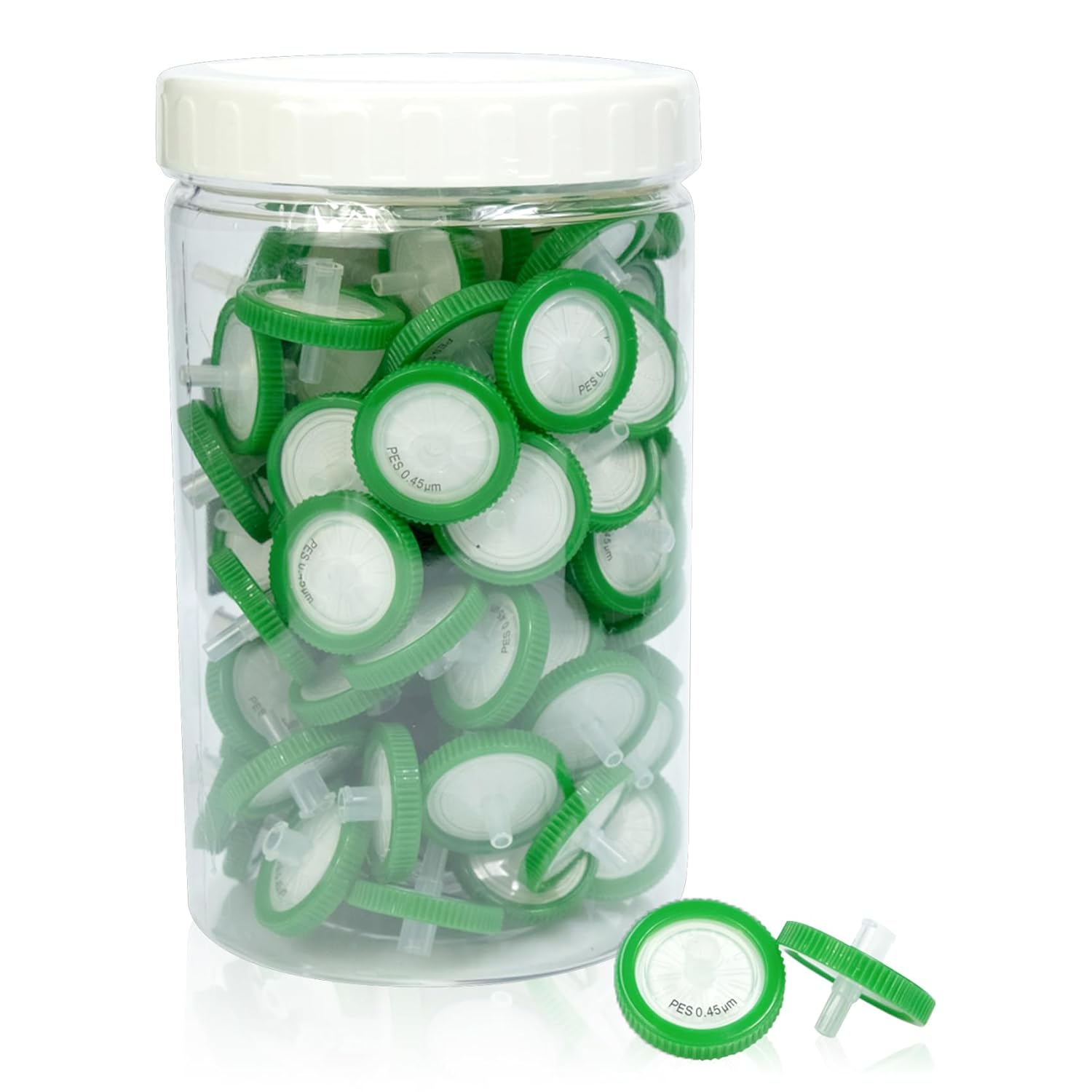 Syringe Filter PES Membrane 25mm Diameter 0.45 μm Pore Size, HPLC and GC Needle Filter, Non-Sterile, High Throughput Lab Filtration for Biomed Scientific, Barreled Packed