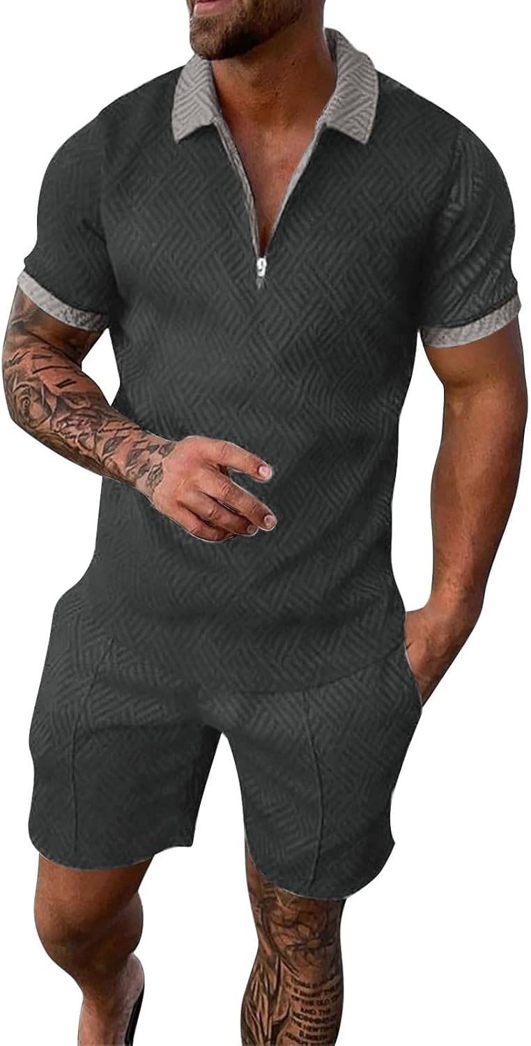 Akgukrseh Men's Summer Sports Tracksuit Sets,Black Polo Shirt Men Mens Shorts Set Tracksuit Clothing Fashion Lapel Activewear Sweatsuits Gym Contrast and Plain Bottoms Jogging Joggers