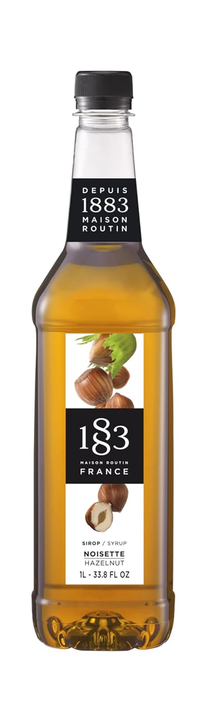 1883 Maison Routin Hazelnut Syrup, Subtly Sweet Fruity Nut Taste, Made in France, Non-GMO, Vegan, Kosher, Gluten-Free, 2 Count of 1 Liter Bottles