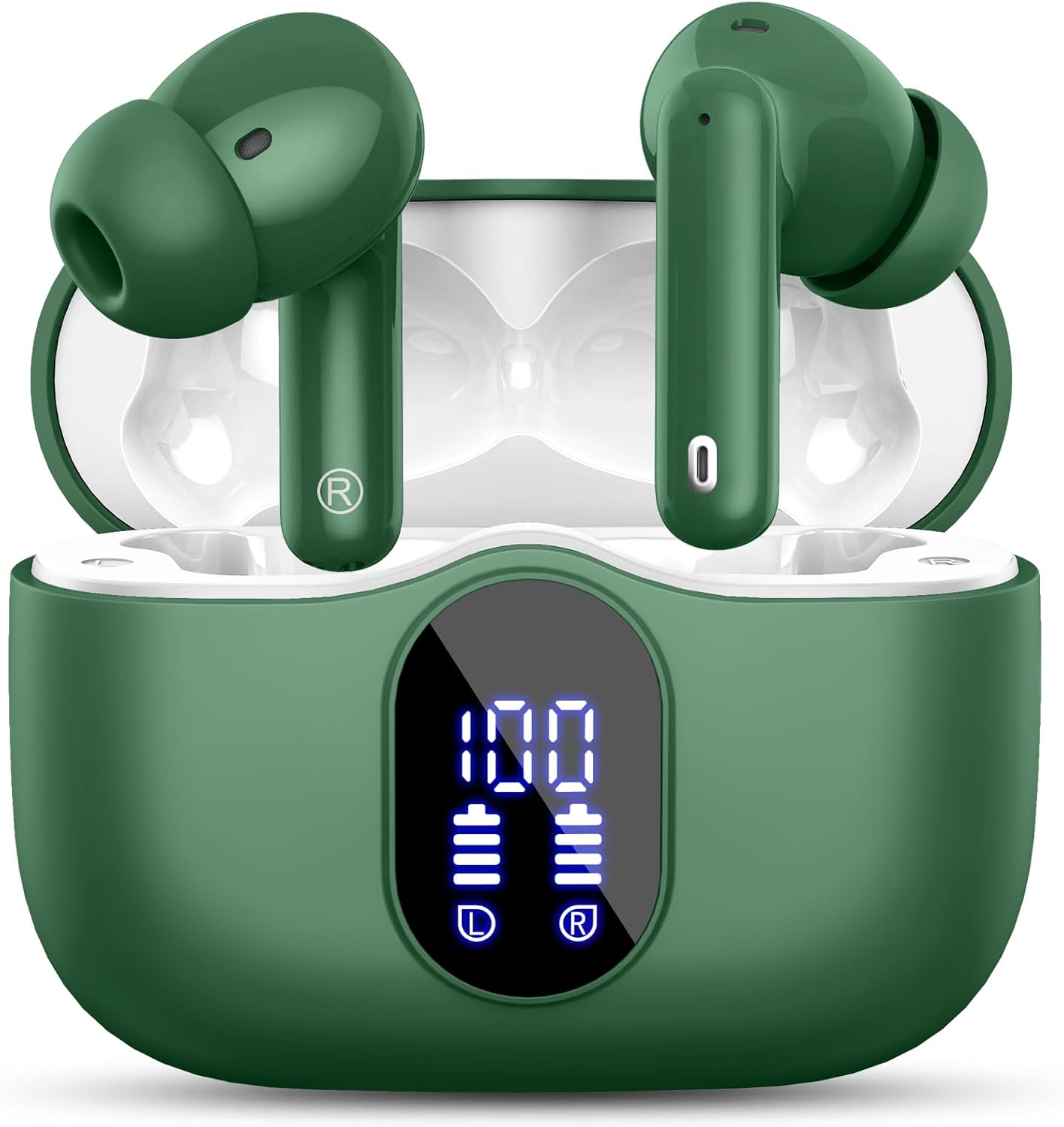 Wireless Earbuds, Bluetooth 5.3 Headphones In Ear with 4 ENC Noise Cancelling Mic, 2025 Bluetooth Earphones Mini HI-FI Stereo Sound, LED Display Wireless Headphones 36H Playtime IP7 Waterproof, Green