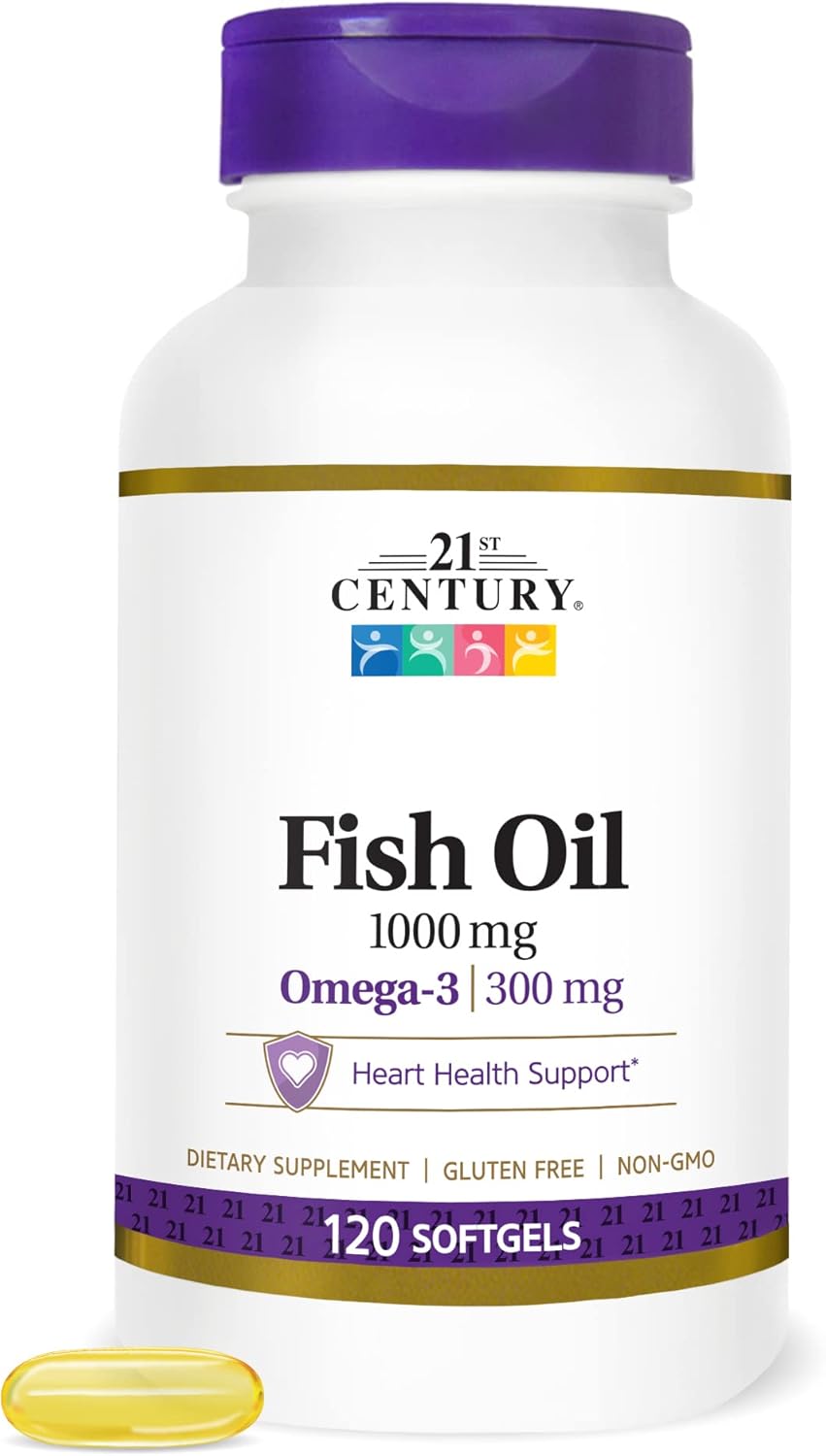 21st Century Fish Oil 1000 mg Softgels, (300 Count), Molecularly Distilled, Omega 3 Supplement with EPA & DHA, Purified to Eliminate Mercury, Supports Cardiovascular Health, Gluten Free & Non-GMO