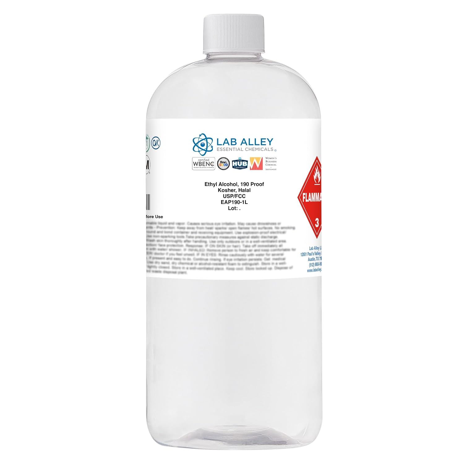 Lab Alley Ethanol 190 Proof (95%) USP/FCC Food Grade Alcohol, Grain Alcohol Solvent, Kosher, Laboratory & Extraction Use (1 Liter)