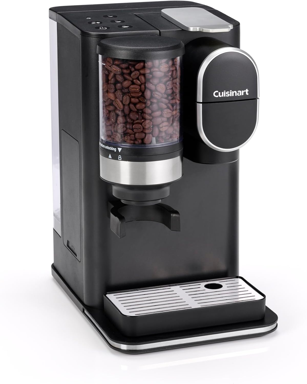 Cuisinart One Cup Grind And Brew Coffee Machine, Bean to cup, Single serve Filter coffee, Stainless steel conical burr grinder, Adjust coffee strength, 3 cup sizes, Reusable filter pod, Black