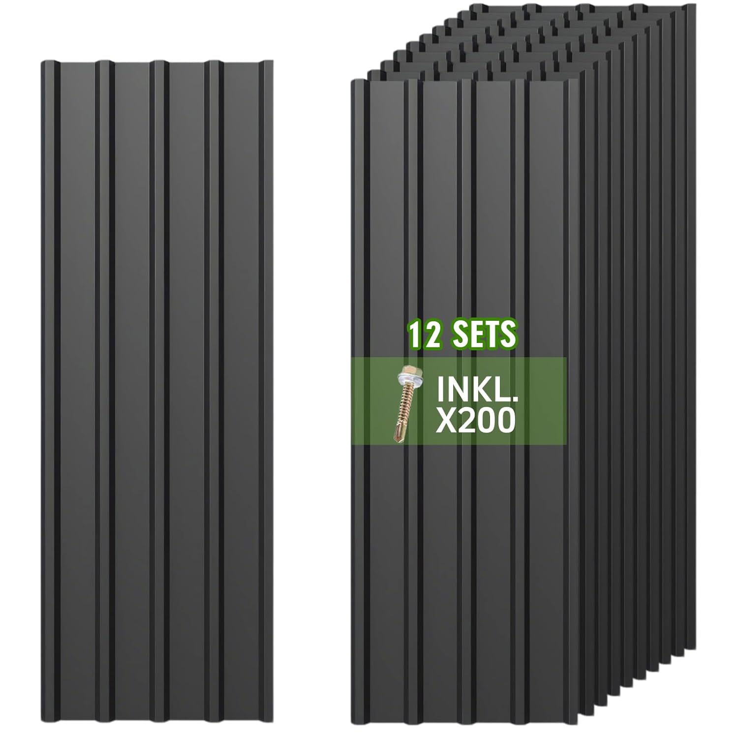 Warmfay® 12PCS Roofing Sheets, 110x45cm (5.94m²) Corrugated Metal Roof Sheeting Plates with 200 Screws, Anthracite Galvanised Metal Trapezoidal Grooved Roof for Greenhouse, Carport, Garage