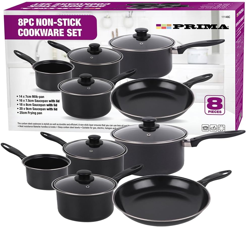 8pc Cookware Set with Lids & Bakelite Handle - Carbon Steel Non Stick Cooking Pan Saucepan Set Pot and Frying Pans | Suitable for Gas, Electric, Halogen and Solid Hotplates - Tempered Glass Lid, Black
