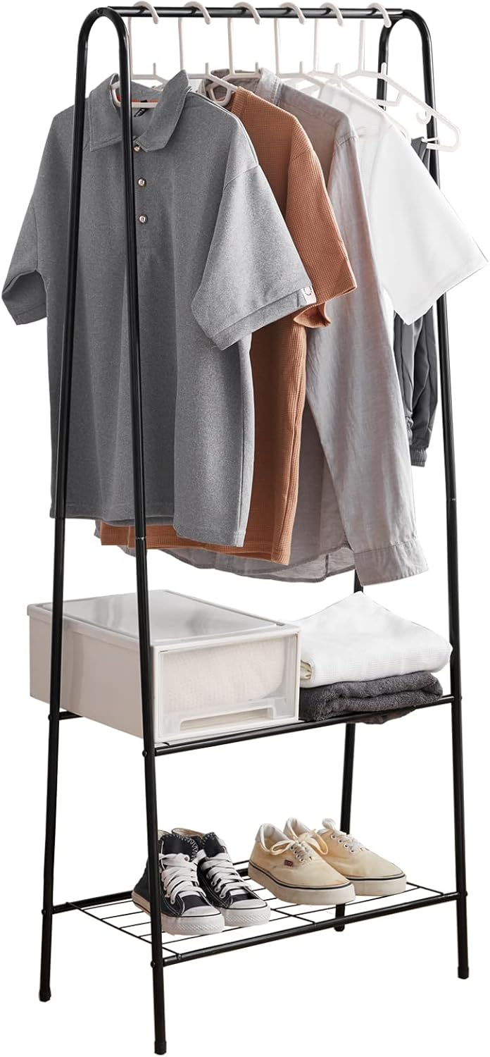 Metal Clothes Rail Hanging Rack Garment Display Stand Storage Shelf Small Clothes Rail Rack with Shelves Coat Rack Organiser Clothes Stand and Rack with Garment Rail for Home Hallway Bedroom Black