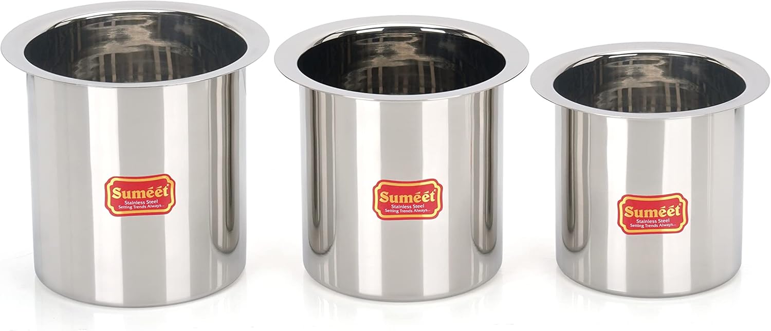 Sumeet Stainless Steel Ganj/Milk Boiler/Milk Pot/Long Tapeli Set of 3 Pieces (400ml, 550ml, 750ml), Silver