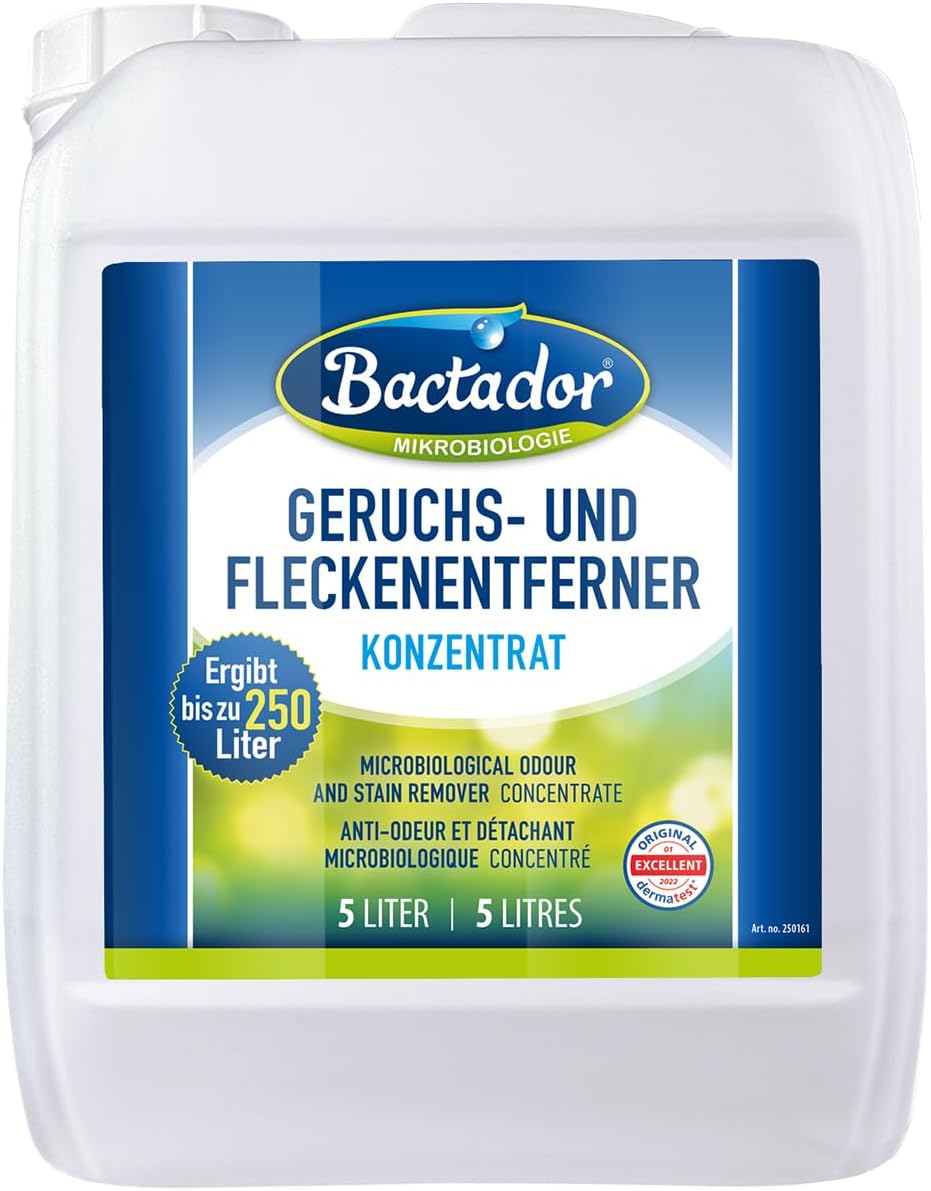 Bactador Enzyme Cleaner Concentrate 5L - Enzymatic cleaner & Cat urine enzyme cleaner - Pet carpet cleaner - Microbiological urine neutraliser - Pet stain and odour remover - Makes up to 250 litres