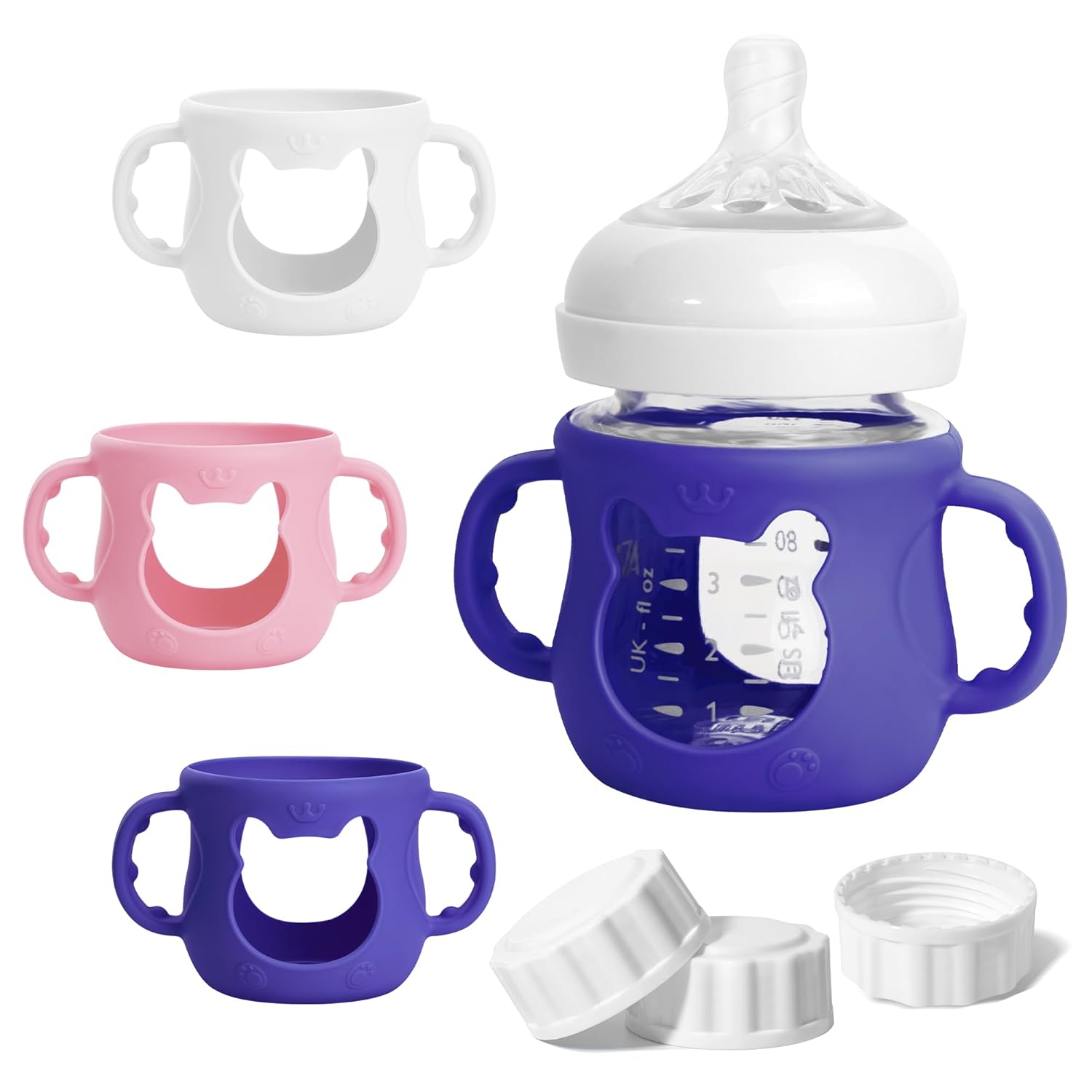 3 Pack Silicone Sleeves for Philips Avent Natural Bottle, Food Grade Silicone Cover and 3pcs Travel Caps, Lids Replacement (White+Pink+Purple, 4oz)