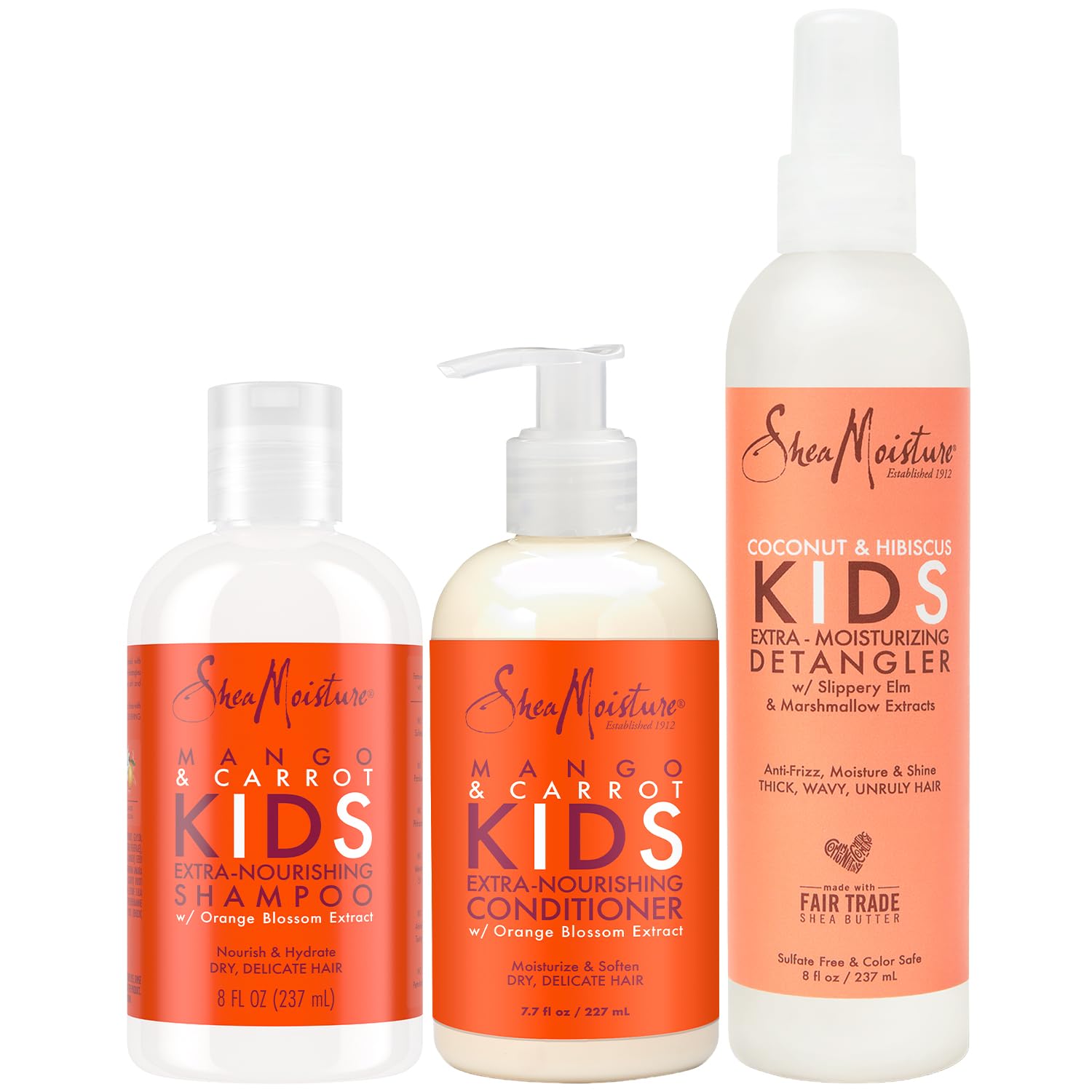 SheaMoisture Kids Mango & Carrot Shampoo and Conditioner Set w/Orange Blossom Extract + Coconut & Hibiscus Extra-Moisturizing Detangler Spray, Anti-Frizz Hair Products for Kids